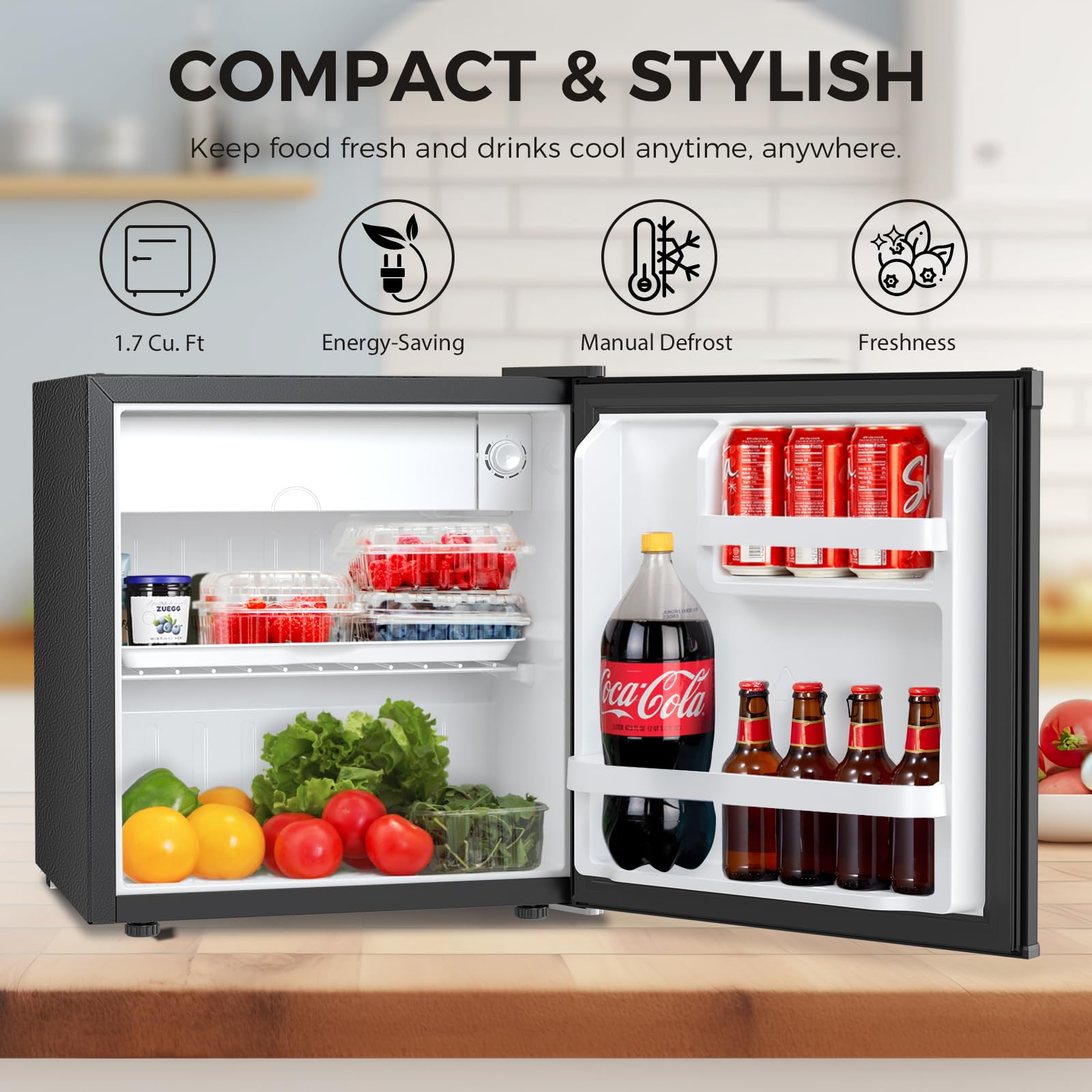 Antarctic Star Compact Refrigerator Mini Fridge with Freezer, Single Reversible Door, Dorm Fridge, Removable Glass Shelf, Defrost Button, for Bedroom, Office, Garage, 1.4 Cu. Ft, Black