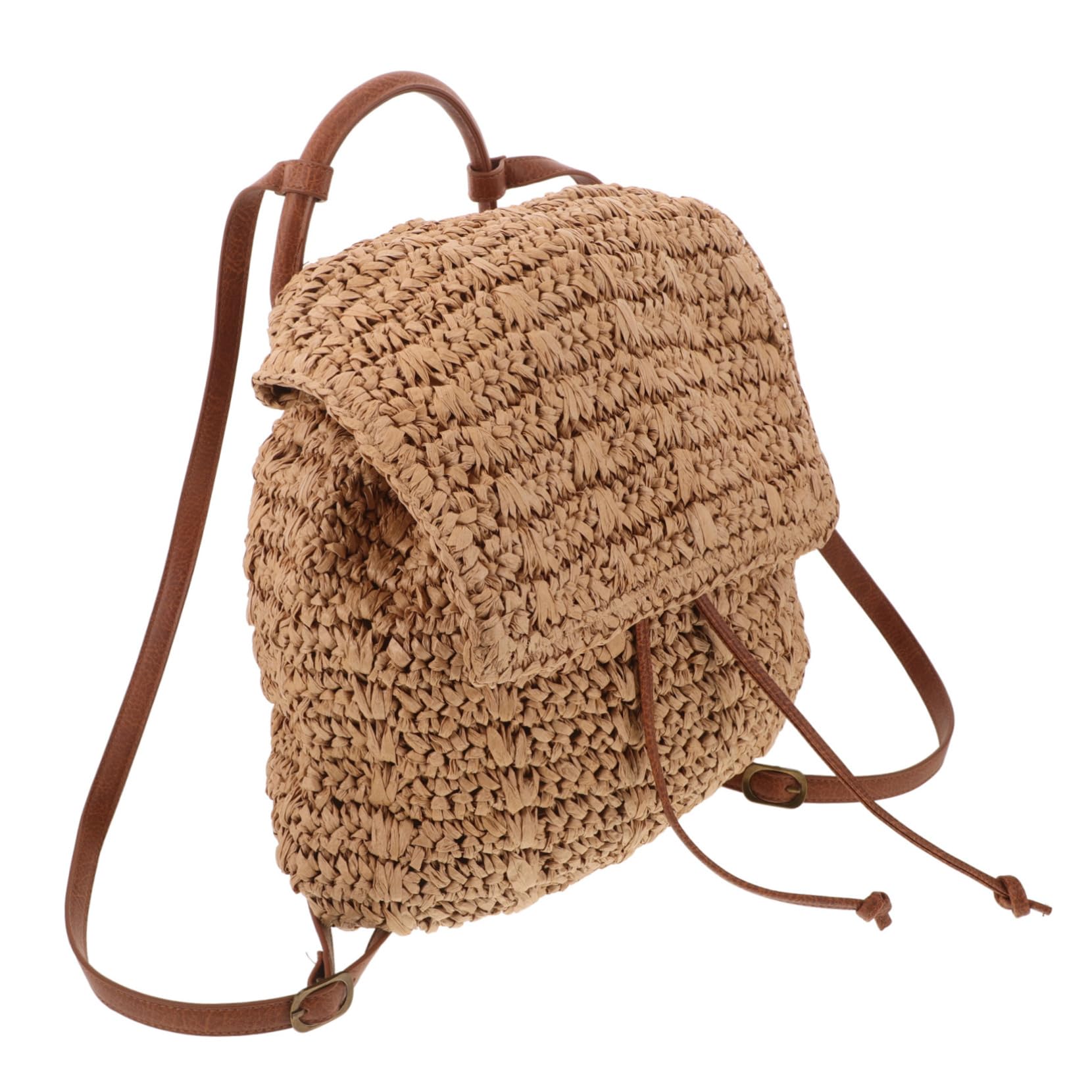 Mochila De Paja Tejida Para Mujer Estilo Bohemio Con Cordón Ajustable Bolso De Verano Para Playa y Ocio Color Marrón Claro Tamaño Mediano