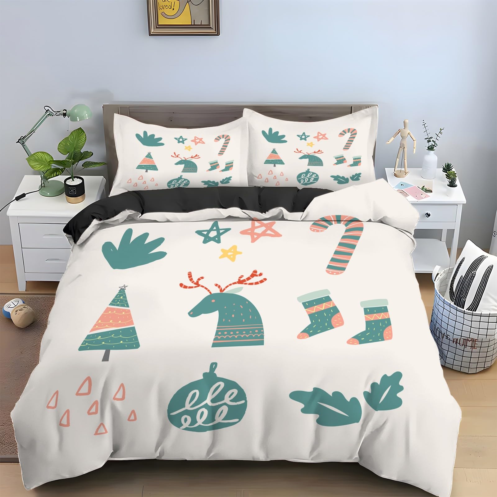 Housse de Couette 220x240 éLéMents De NoëL Parure de Lit 3 Pièces avec Taies