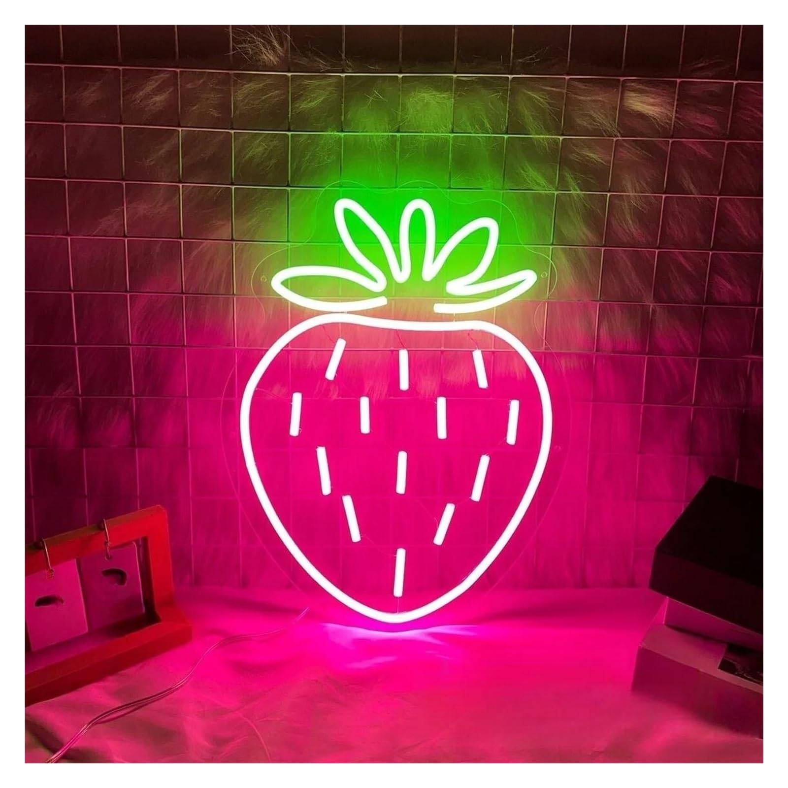 SHOUXI Sign Lamp Strawberry Neon Sign,Strawberry Light Up,Fruit Neon Light,Strawberry Wall Art, Fruit Decor 43x33cm(B)
