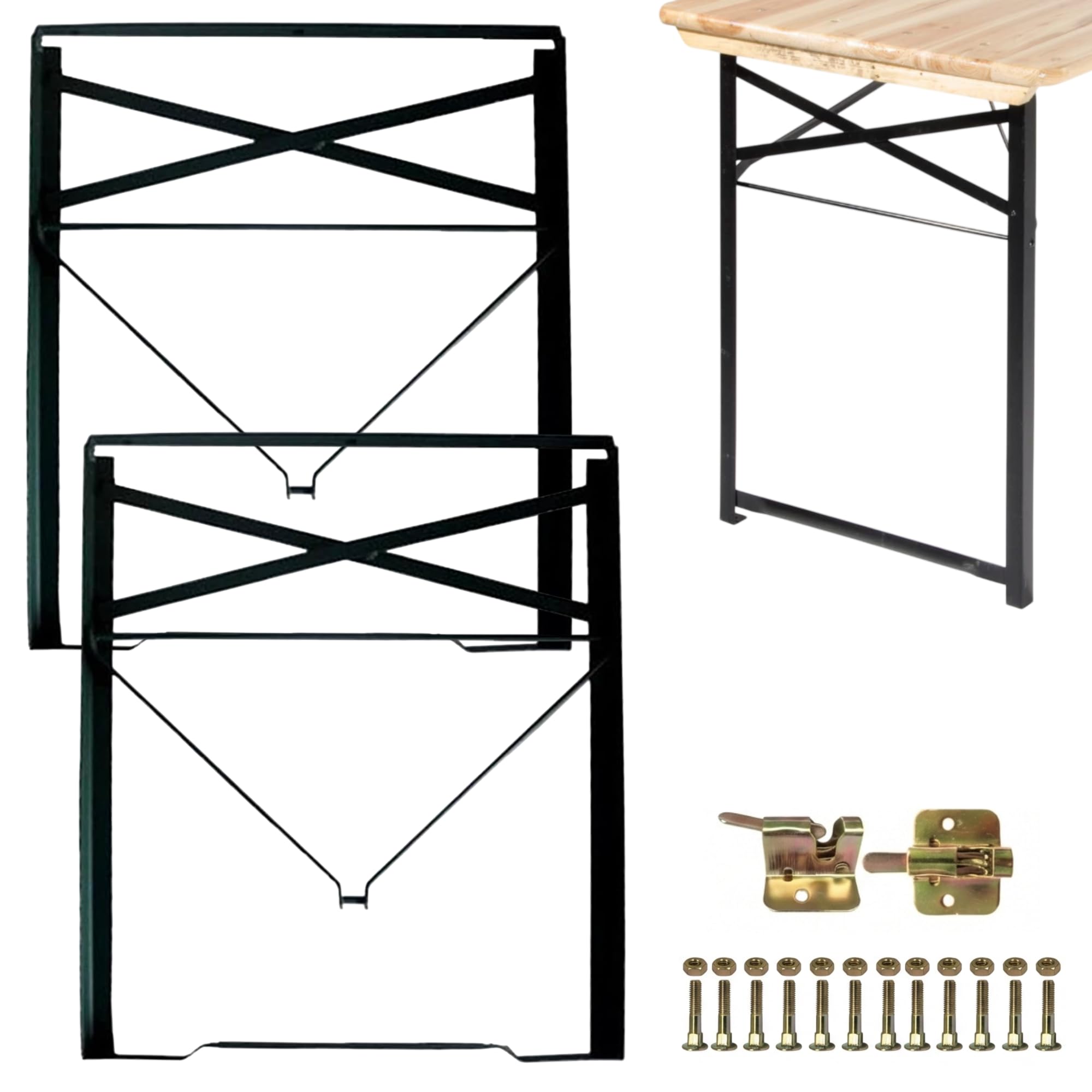 Set Gambe Pieghevoli per Tavolo in Metallo 73x53 cm, Struttura in Ferro con Kit Fissaggio Incluso - Gambe per Tavolo Birreria da Esterno per Giardino, Terrazza, Sagra (2 Gambe + Kit - Nero)