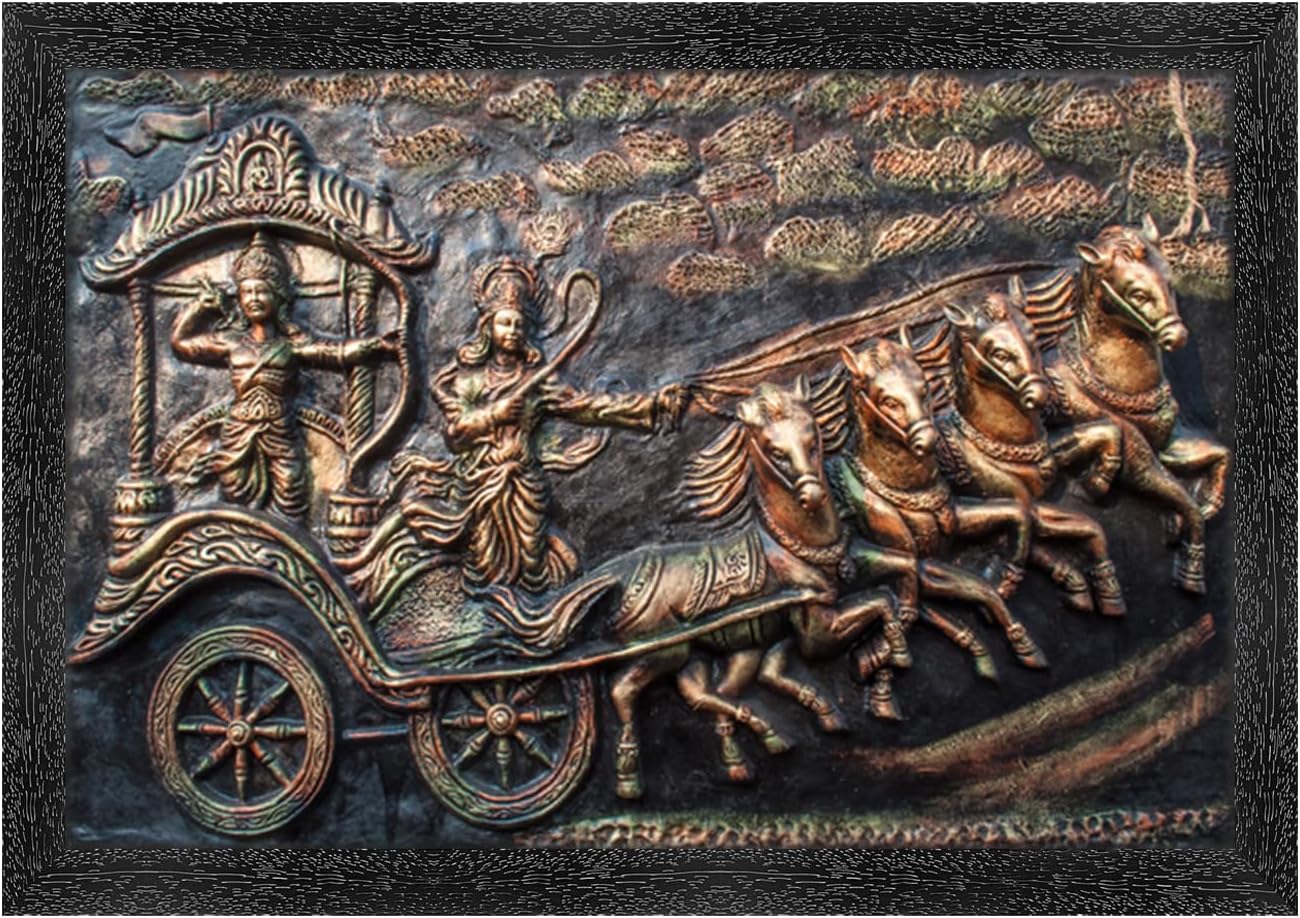 Dharvika Innovations Krishna Arjun Mahabharat Rath Painting Vinyl Sparkle Coated Home Decorative Gift Item with Synthetic Frame (Design 6)