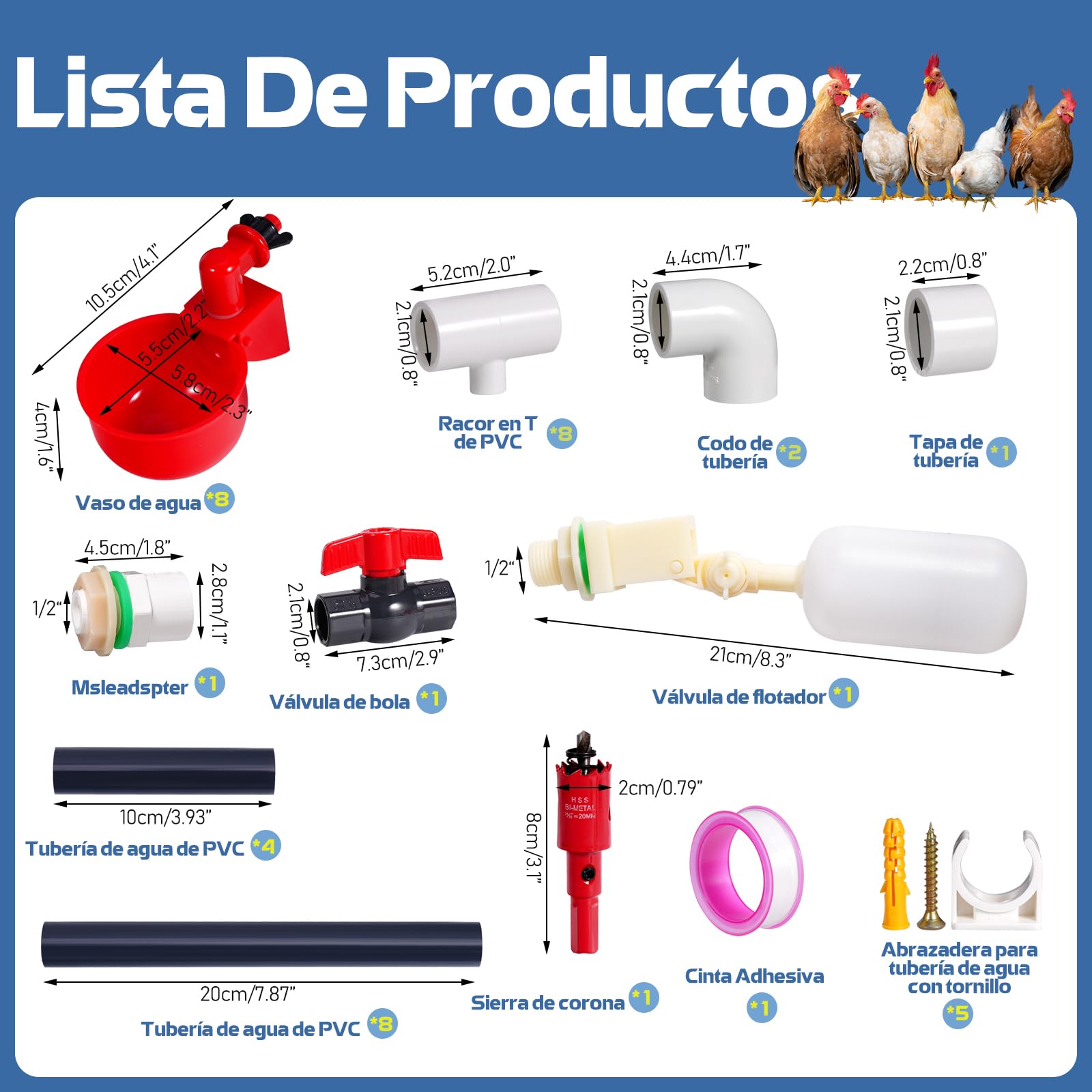 Bebedero AutomáTico para Pollos, Bebedero para Pollos de PVC ccon Piezas en T y Tubo de PVC, Regulador de PresióN para El Agua de AlimentacióN de Aves de Corral
