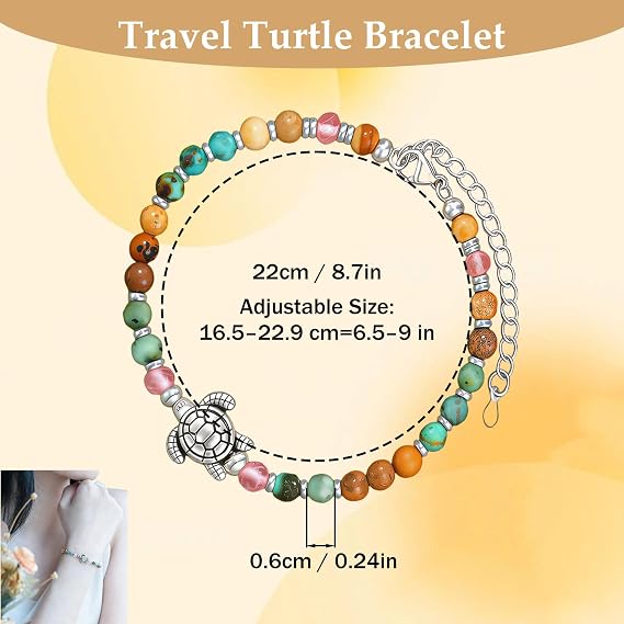 Travel Turtle Crystal Bracelet, Travel Themed Women's Bracelet with Natural Stone Beads & Adjustable String, Bead Bracelet for Women, Travelers, Safe Journey Gifts Idea