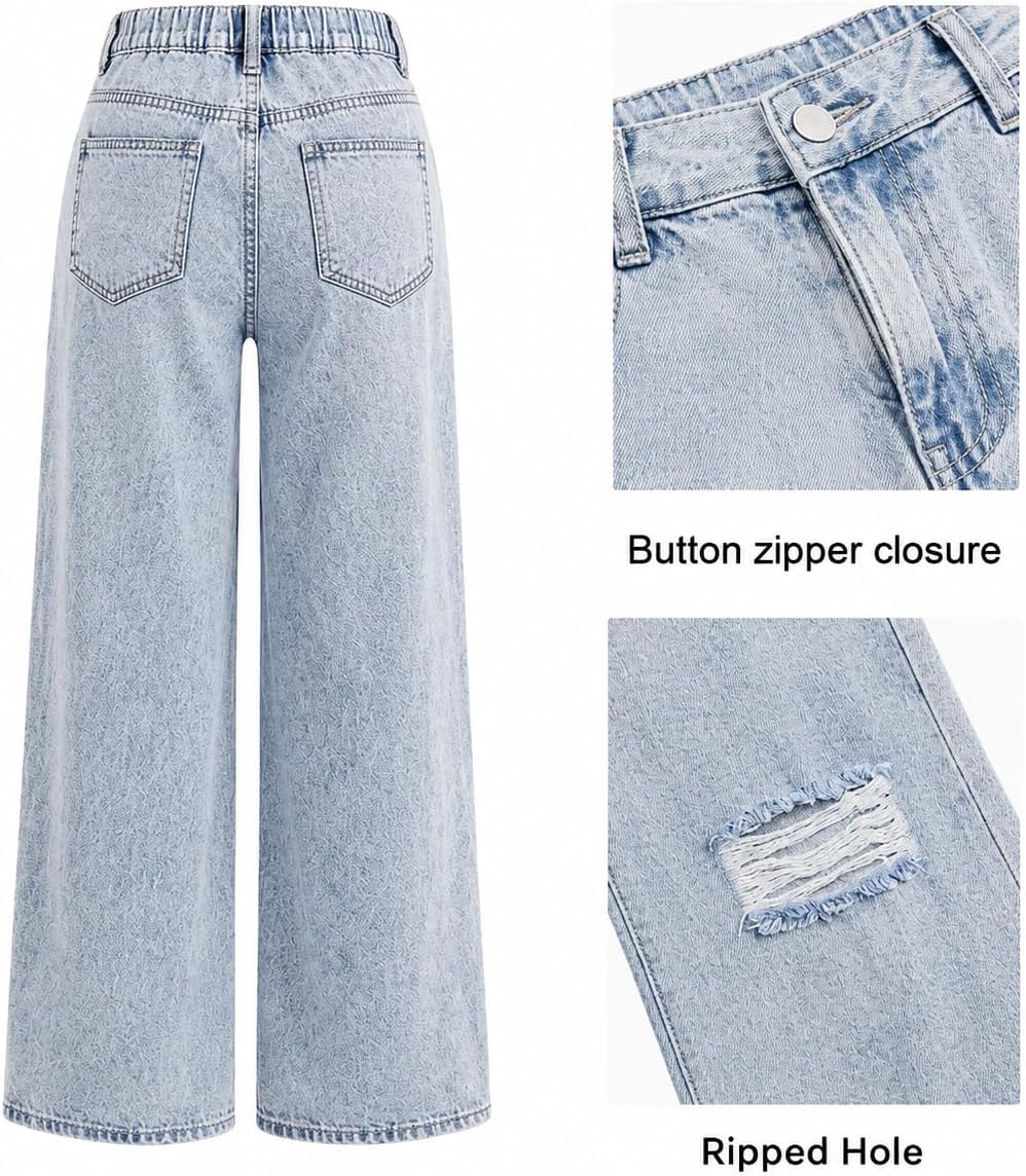 Girls' Baggy Ripped Jeans, Elastic Waist Wide Straight Leg Pants