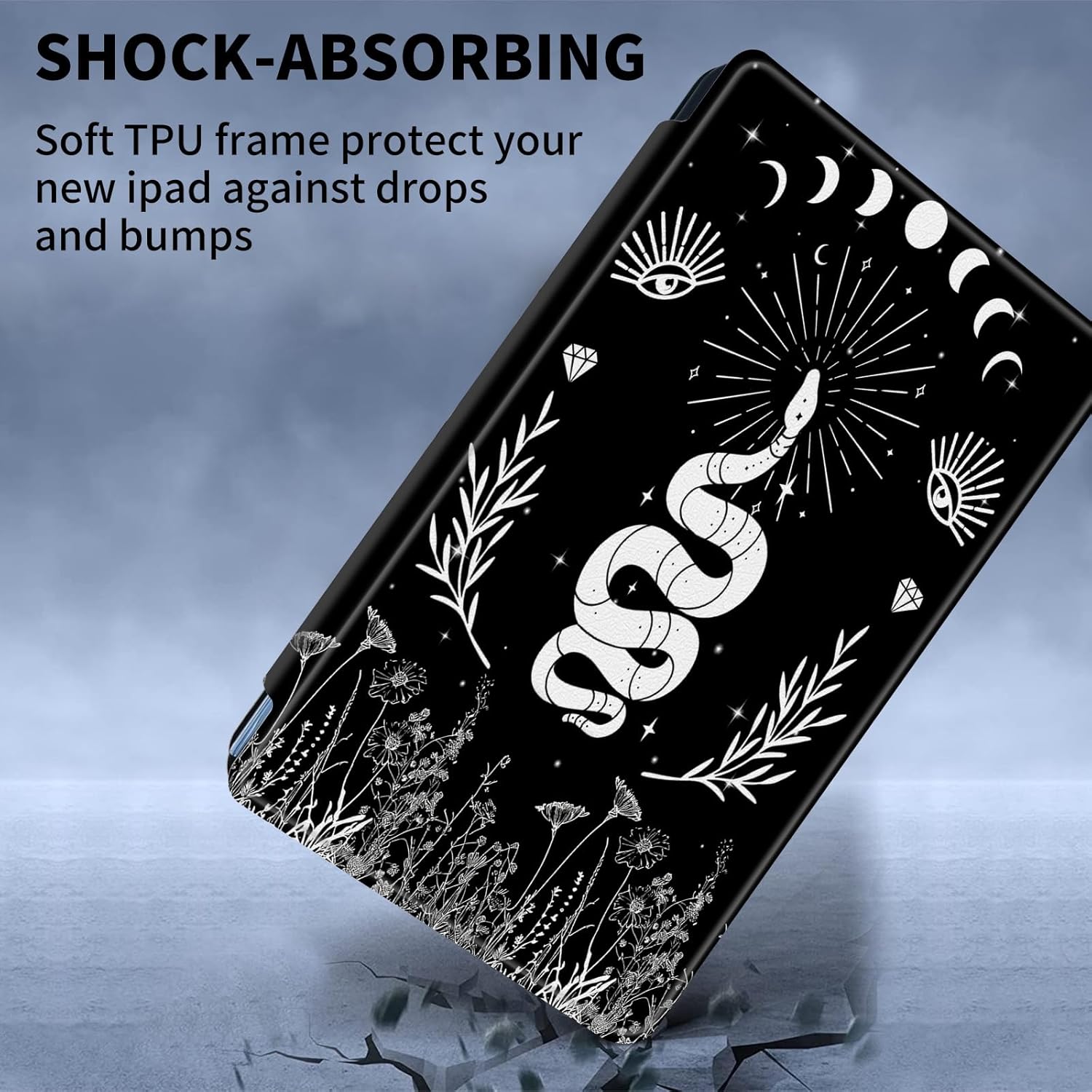 Case for Amazon Kindle Fire 7 Tablet (9th/7th/5th Generation, 2019/2017/2015 Release) 360 Degree Rotating Swivel Stand PU Leather Cover with Auto Wake Sleep, Aesthetic Snake Moon Phase