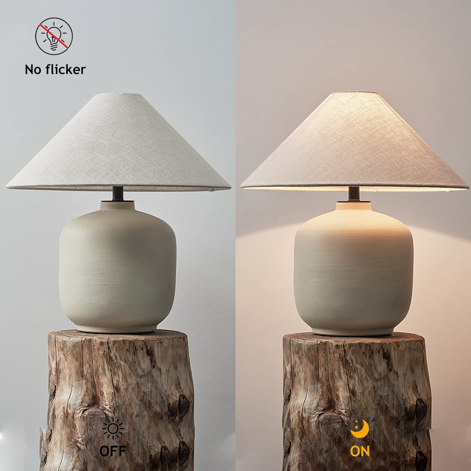 Lampada da tavolo in ceramica bianca con paralume in tessuto beige singola E26 Base interruttore a pulsante Flicker illuminazione libera per camera da letto soggiorno studio scrivania deco