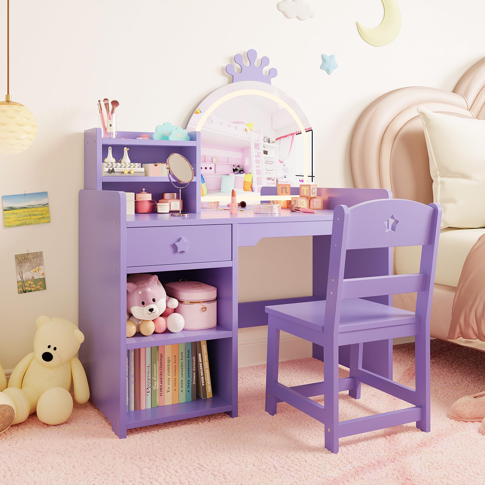 Zstar 3-in-1 Kinder Schminktisch Set, Schminkkommode Mit LED-Leuchten | Offenes Bücherregal&Aufbewahrung, Frisiertisch Für Mädchenzimmer, Ink. Hocker&Spiegel