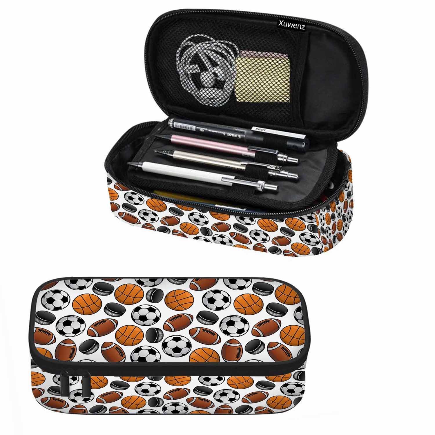Xuwenz American Football Pencil Holder Bag Basketball Balls Ice Hockey Pucks Pencil Case College Office School for Teens Boy Girl