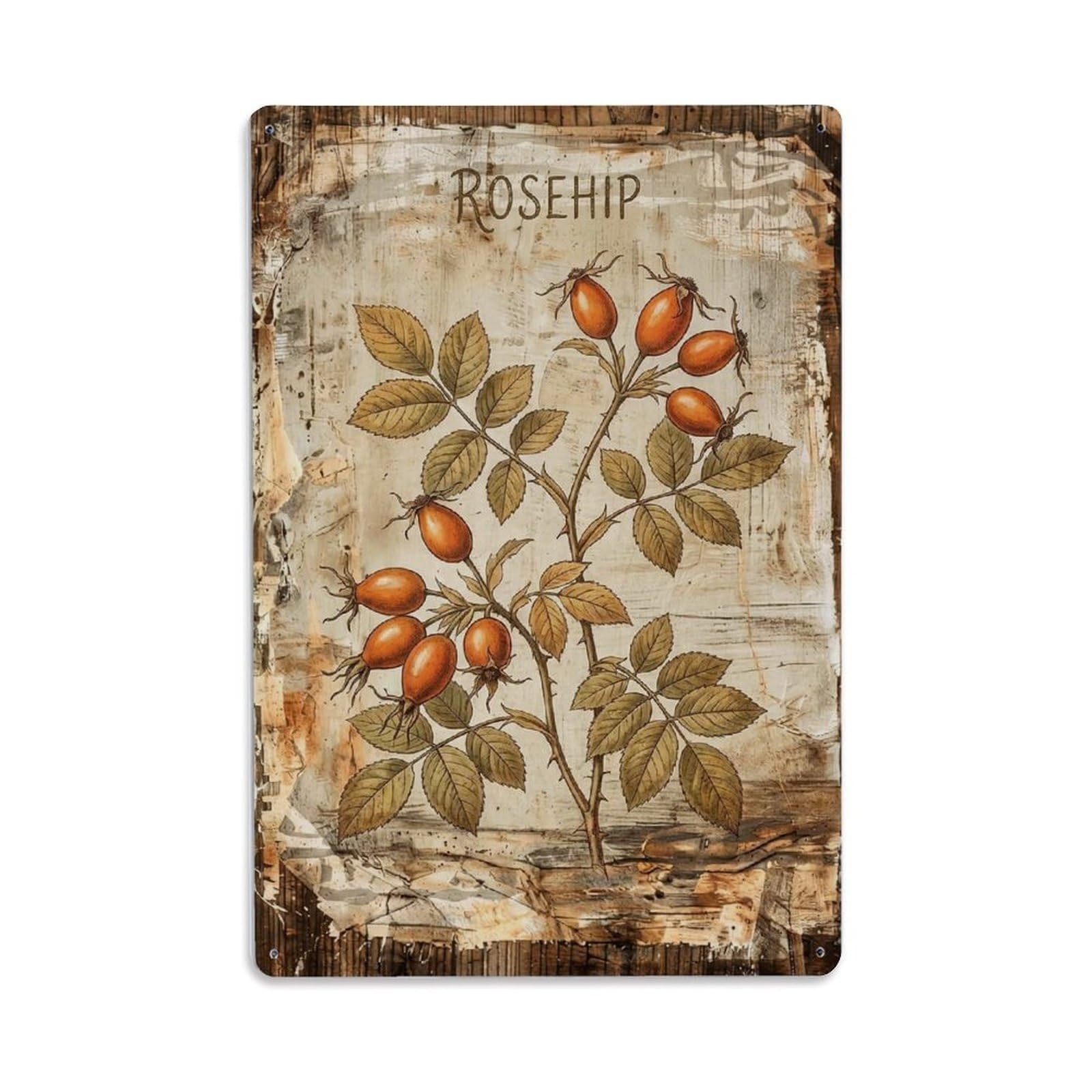 Rosehip Botanical Vintage Metal Tin Sign Plaque Wall Decor for Cafe, Club, Garden Metal Poster 8x12Inch