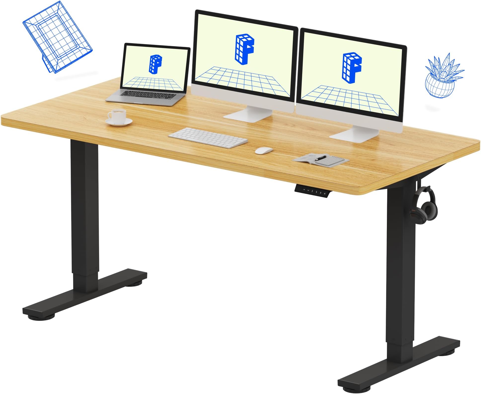 Flexispot Height Adjustable Desk, Electric Sit Stand Desk Home Office Table Standing Desk (60x24 Black+Maple)