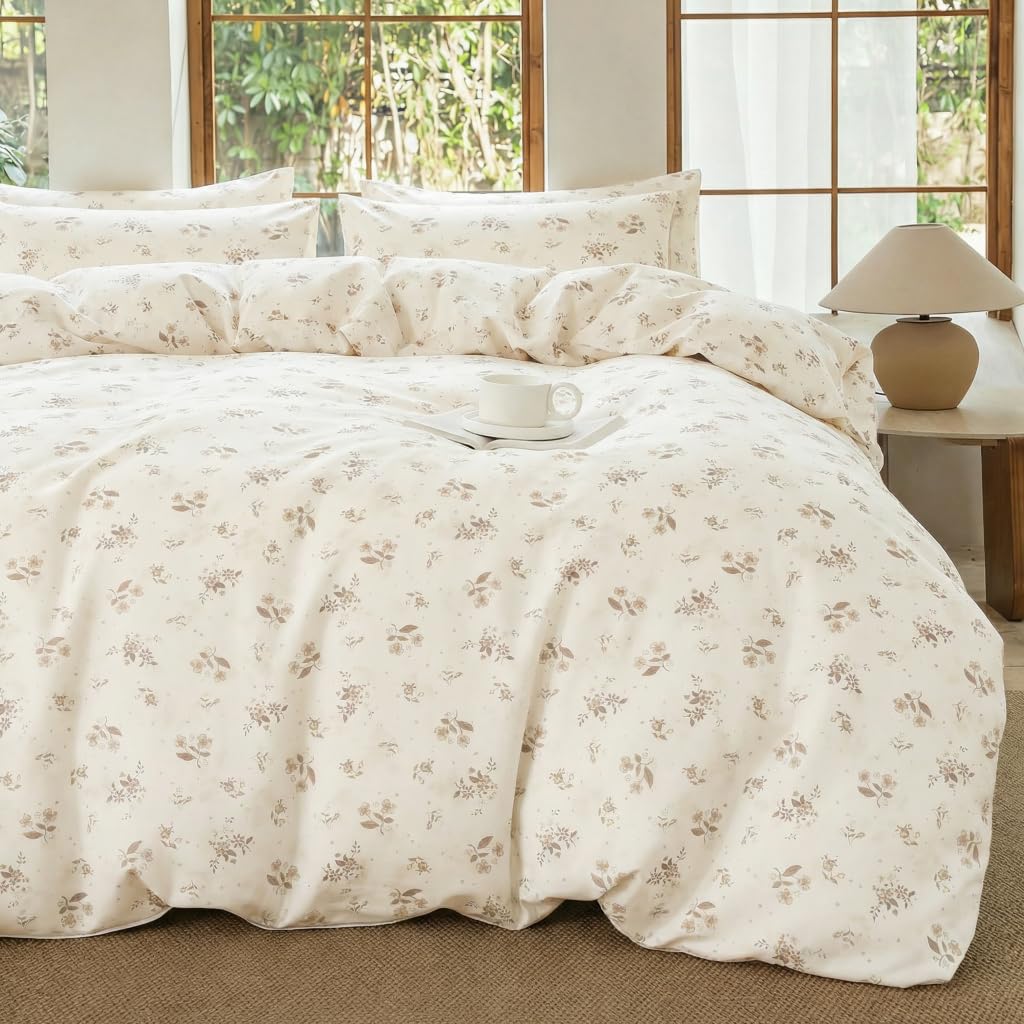 Covebett Beige Floral Duvet Cover King Brown Beige Flowers Botanical Meadow Bedding Set 3pcs Flower Print Microfiber Comforter Cover 220x230 cm with Zipper Closure and 2 Pillowcases 50x75 cm