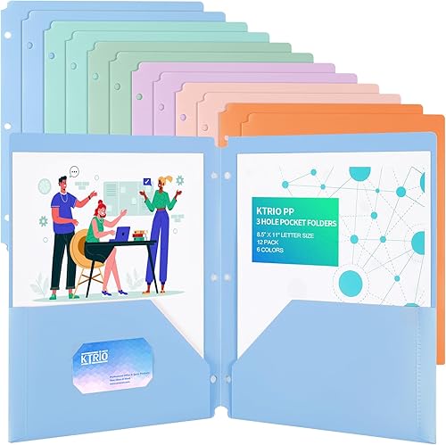 Vista 23 de KTRIO Carpetas con 3 agujeros perforados, paquete de 6 carpetas de plástico para carpeta de 3 anillas, carpeta de polietileno
