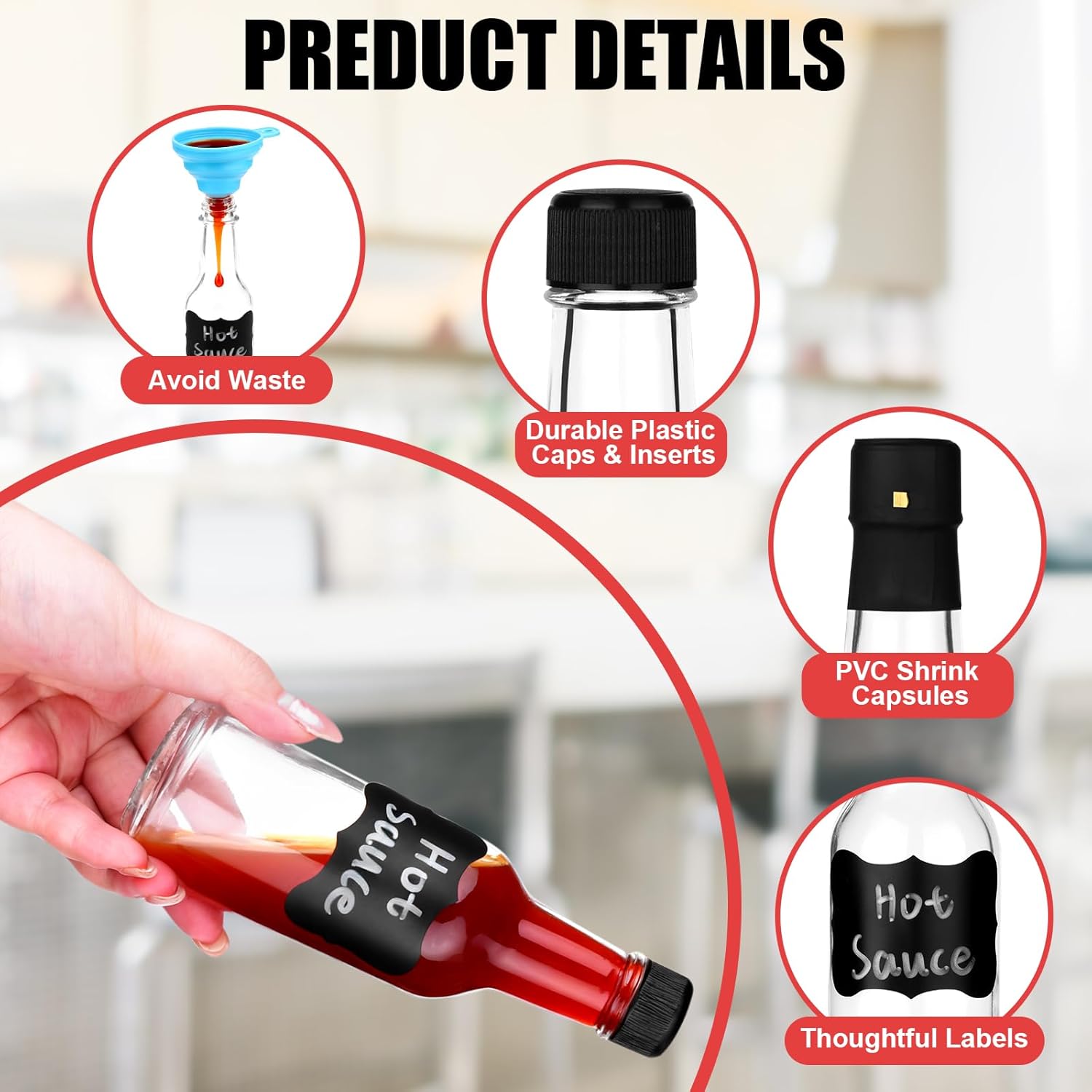 100Pack-402Pcs Leak-Proof Black Screw Caps Orifice Reducer Screw Caps Shrink Capsules Bands,Labels,Silicone Collapsible Funnel,Marker for Homemade Hot Sauce Bottles 5oz Oils DIY Crafts
