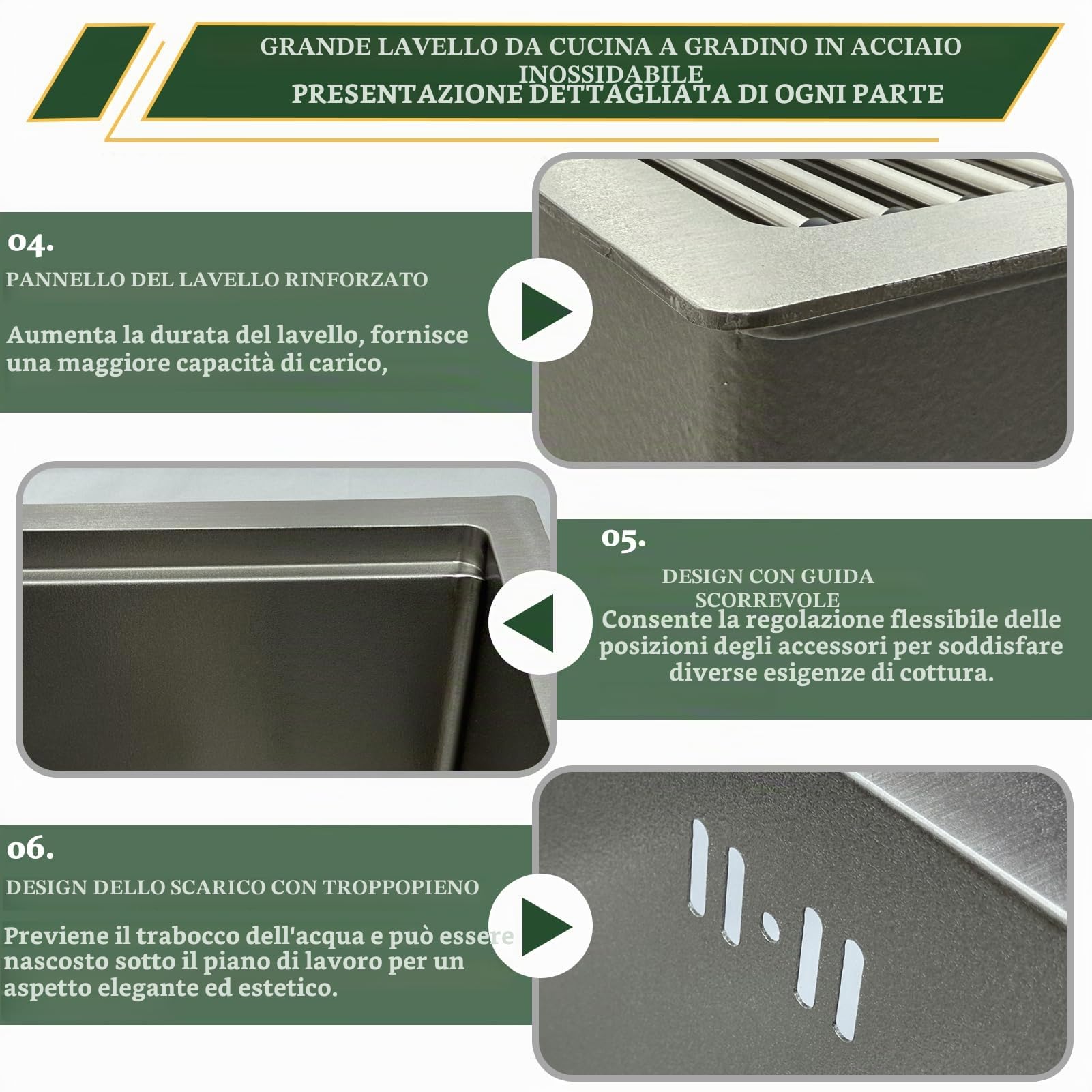 Lavello da cucina rettangolare 90 x 50 cm, in acciaio inox 304, 1 lavandino da incasso, con lavello interno di ricambio e tagliere, lavabo, moderno lavello in acciaio inox con scolapiatti e sifone
