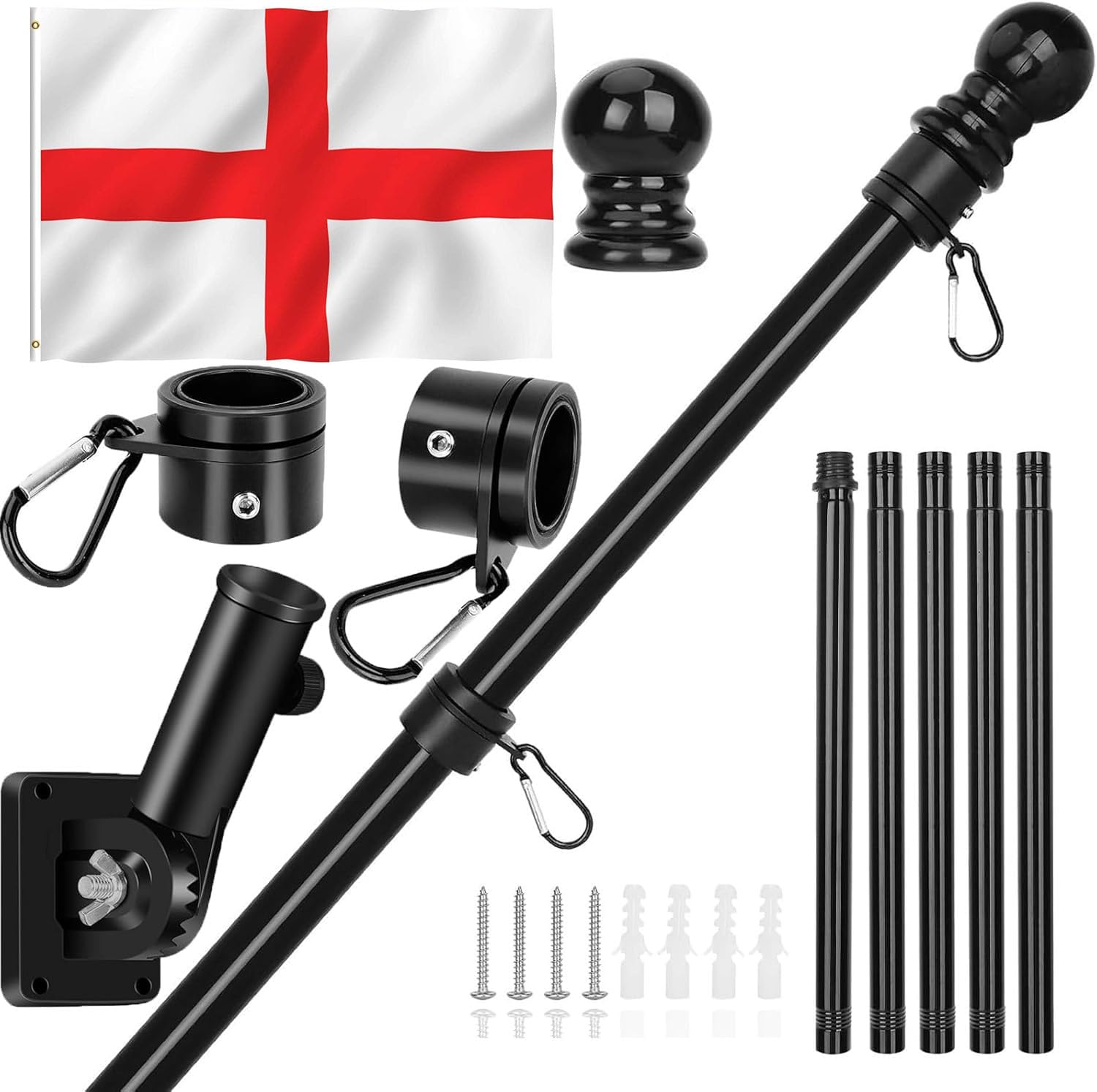 Ousinby Flag Pole Kit, 6FT/1.8M Wall Mounted Flagpoles for Garden Stainless Steel Adjustable Flag and Pole Set with England Flags for House Garden Yard Outdoor Fence Black