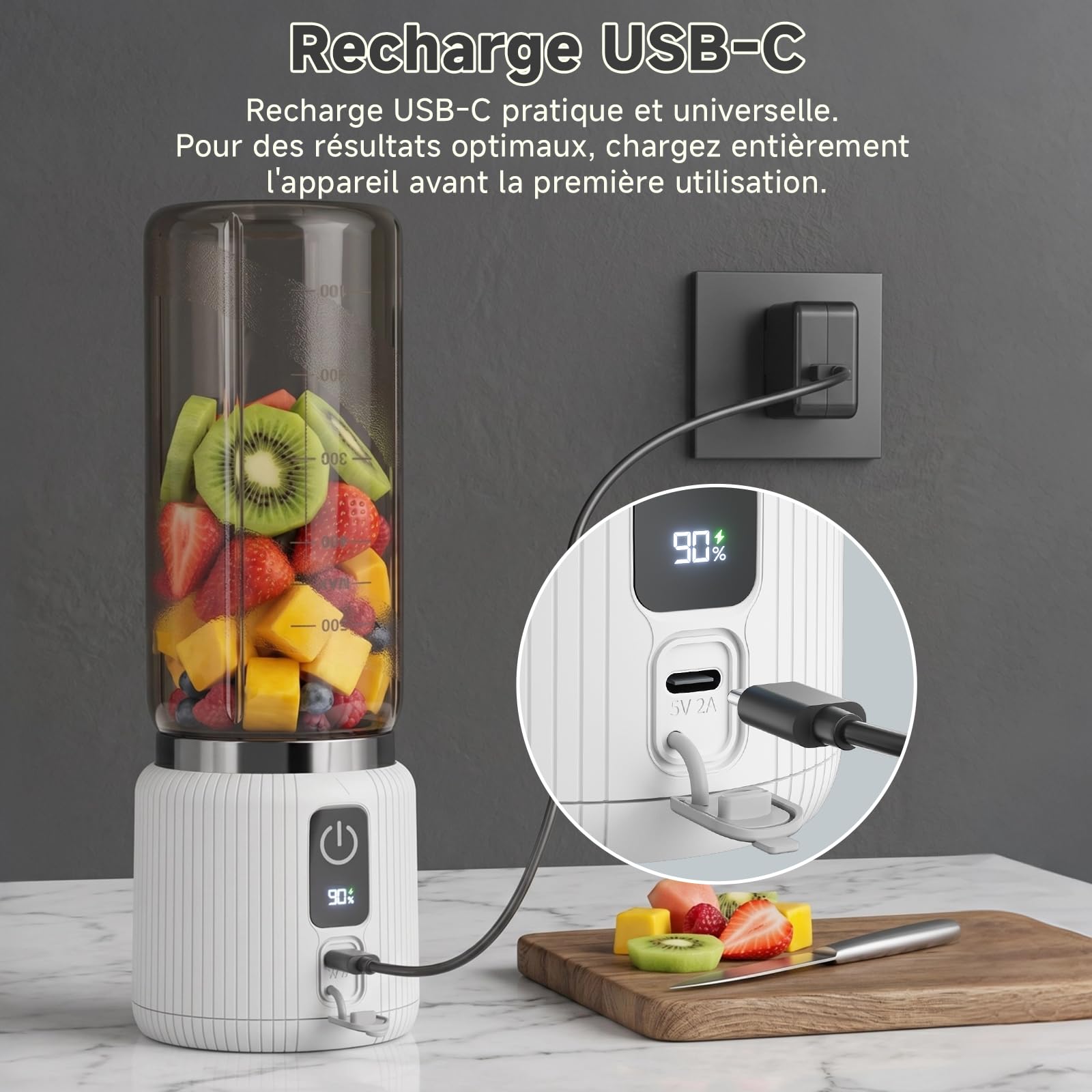 COKUNST Mixeur Portable, Mini mixeur blender avec 8 lames, Rechargeable | smoothie mixer personnel avec affichage LED, mixeur USB-C avec couvercle pour voyage, salle de sport, 22 000RPM, 500ml, Blanc