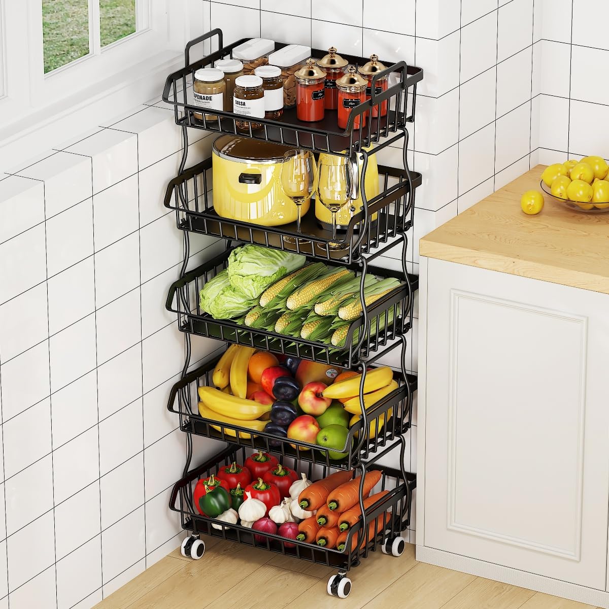 Carrello portaoggetti in filo metallico con manico superiore e ruote, resistente, impilabile, può essere separato per l'uso in cucina, bagno, camera da letto