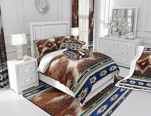 Miniatura 6 de jejeloiu Juego de ropa de cama azteca, tamaño King, estampado de piel de vaca occidental, funda de edredón 100% algodón para niños, funda de edredón