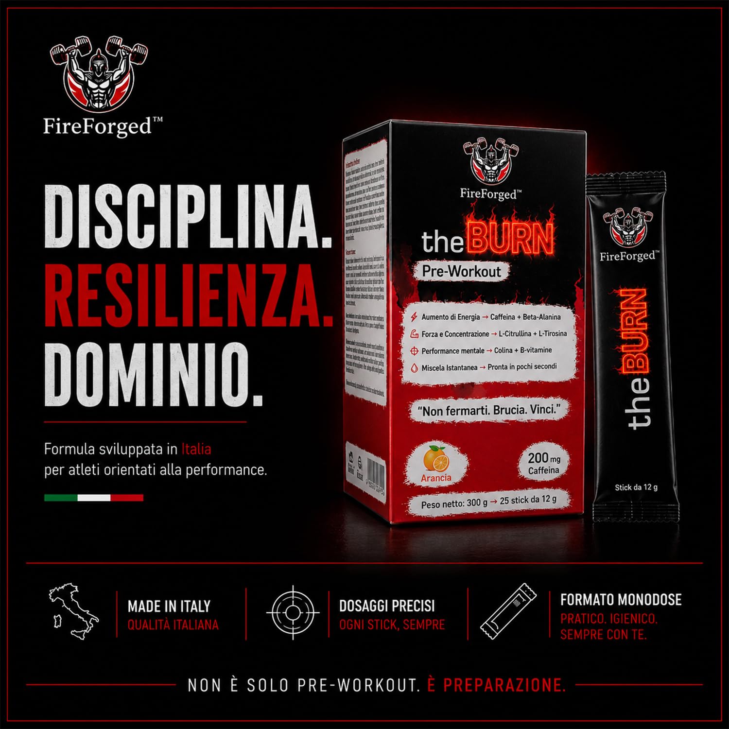 FireForged theBURN Pre Workout Monodose | 25 Stick Pack con Caffeina, Citrullina e Beta-Alanina | Energia e Focus per Allenamento | Gusto Arancia