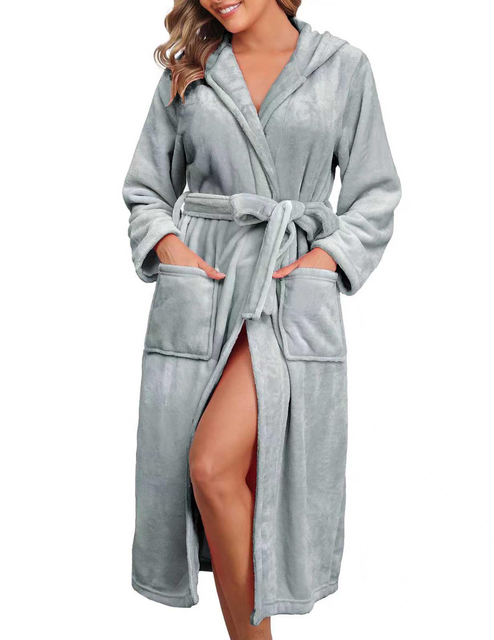 Womens Robe Fleece Hooded Bathrobe Long Thick Nightgown With Pockets Comfy Soft Bathrobes S-XXL