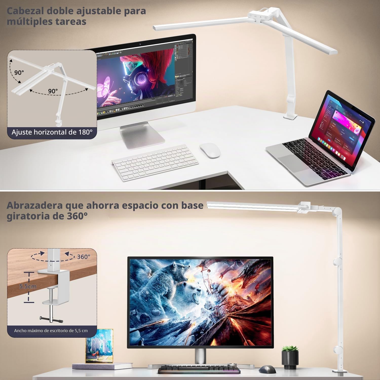 KableRika Lámpara escritorio LED de doble cabezal con pinza, 24W Blanco | 1200 lm, 3 articulaciones de fricción con ajuste de 225°, brillo automático – ideal para oficina y trabajo con ordenador