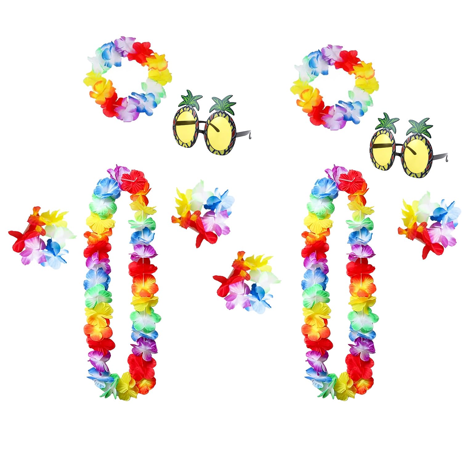 DYSWTUE 10 PCS Hawaiian Garland Set, Hawaiian Leis Garlands, Colorful Flower Necklace, Pineapple Sunglasses, for Adults Beach Tropical Themed Pool Party, Birthday Party Accessories
