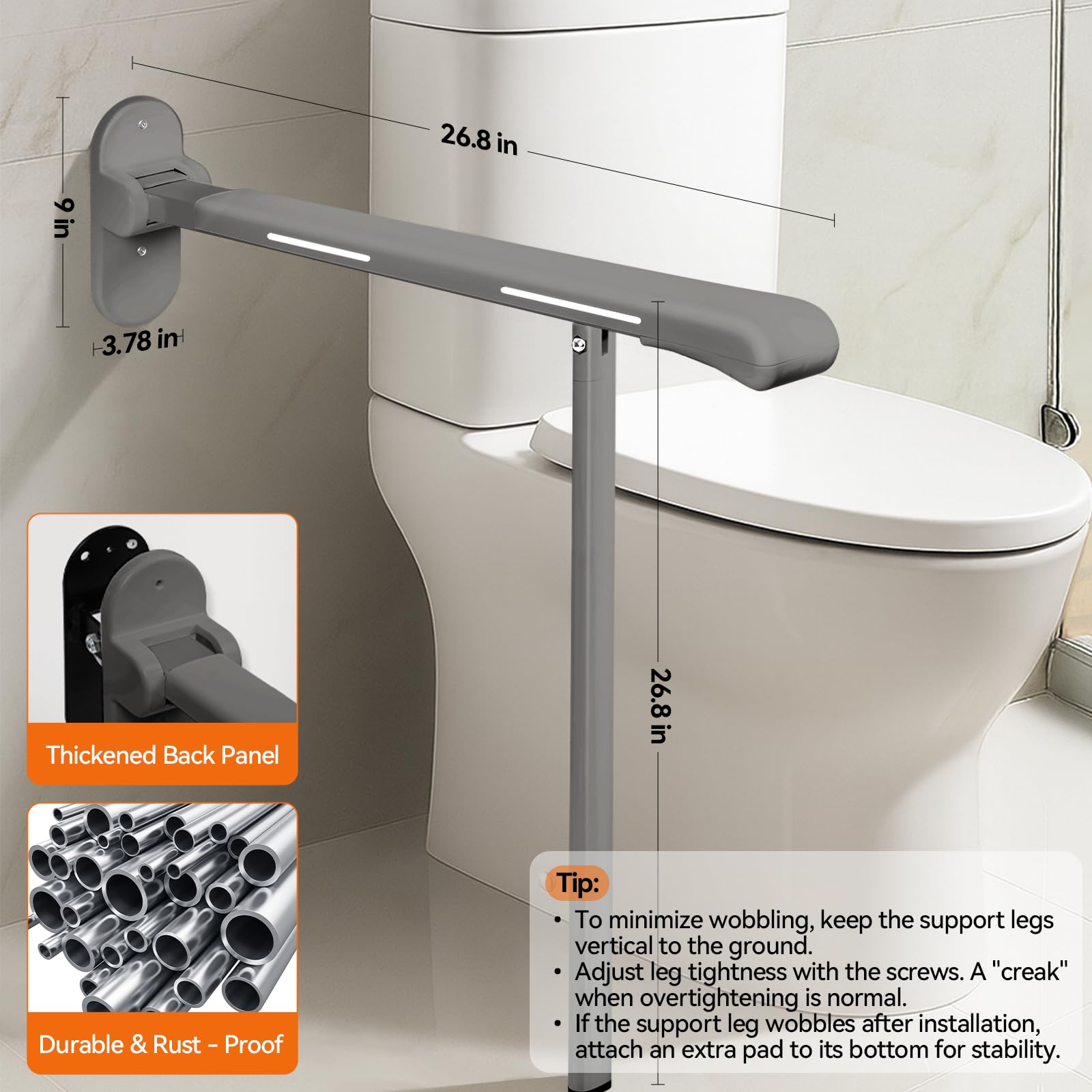 SPECILITE Barra de agarre resistente para inodoro, soporte resistente de 440 libras, rieles de seguridad con pasamanos antideslizante impermeable y tiras de brillo nocturno, diseño abatible que ahorra