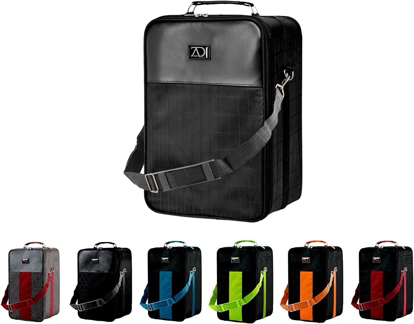 Large Wig Travel Box with Top Handle, Shoulder Strap and Double Zipper, Carrying Case with Removable Head-Holding Base - Black Grid Design - by Adolfo Design