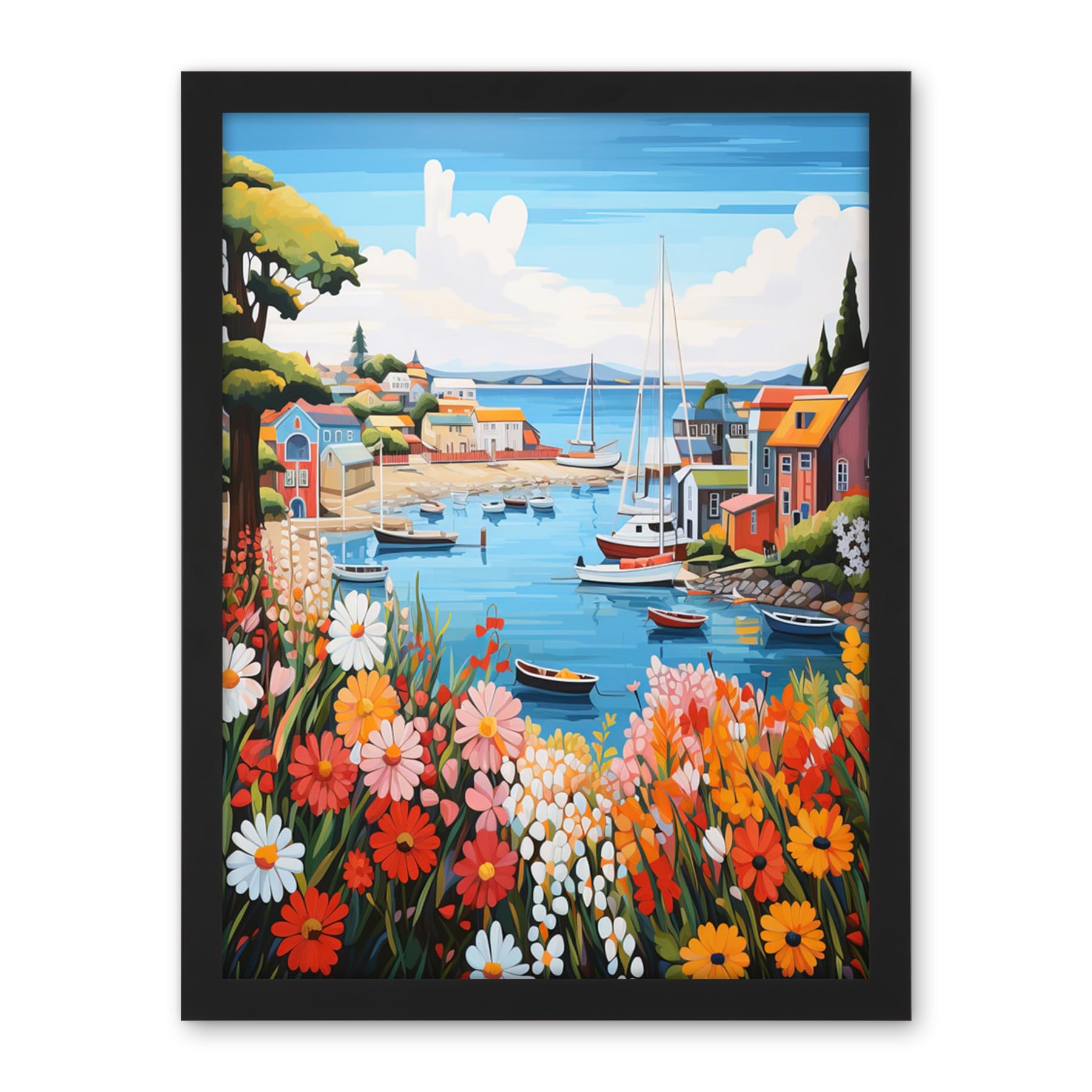 Artery8 Idyllic Scenic Seaside Fishing Village Bright Oil Painting Orange Pink Blue Bathroom Floral Artwork Harbor Bay Boats Coastal Landscape Artwork Framed Wall Art Print 18X24 Inch