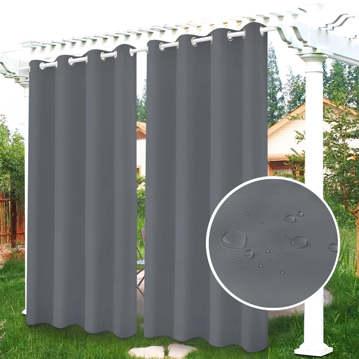 Famibay Rideaux d'extérieur occultants imperméables à isolation thermique gris avec œillets pour tonnelle, pergola, jardin, terrasse