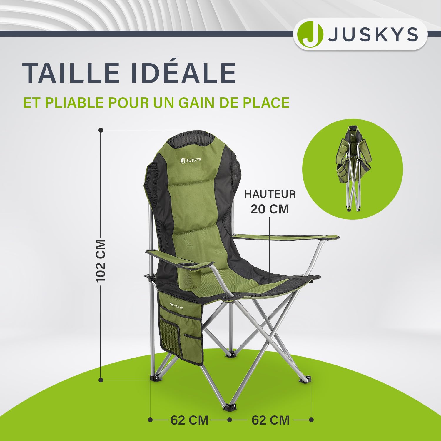 Juskys Chaise de Camping Lido Pliable avec Porte-gobelet, Poche latérale et Sac de Transport - Chaise de Camping Pliante rembourrée avec accoudoir et Dossier - Vert