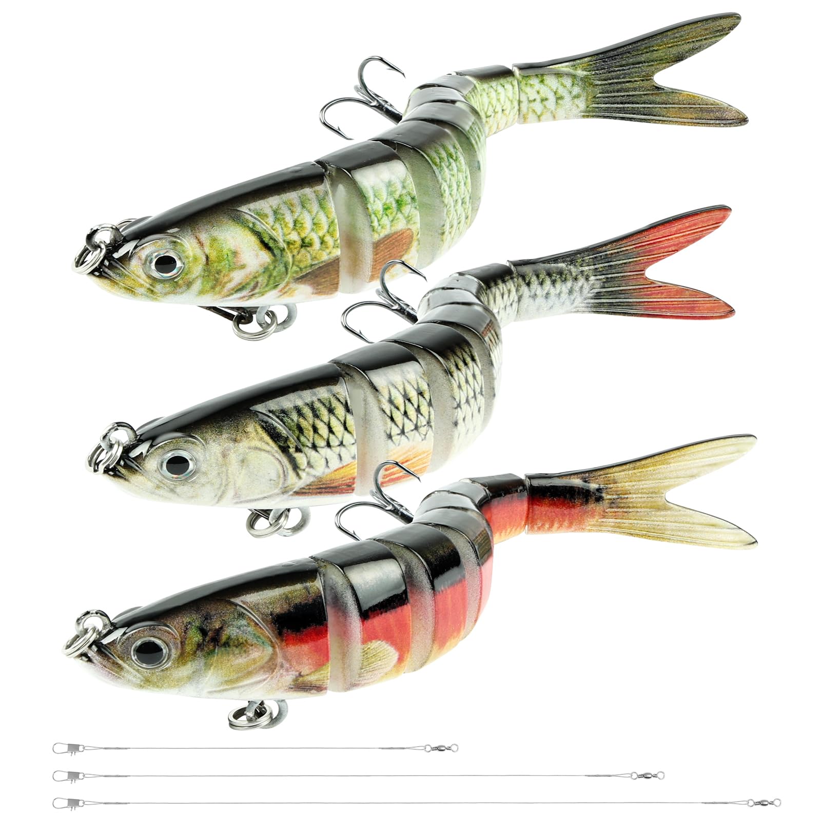Vicloon 3Pcs Lifelike Pike Swimbait, 13.5CM Multi Jointed Pike Fishing Lures, 3D Artificial Lures with Treble Hooks, Slow Sinking Swimming Baits with 15cm 25cm 30cm Wire Traces, Pikes Bass, 27g