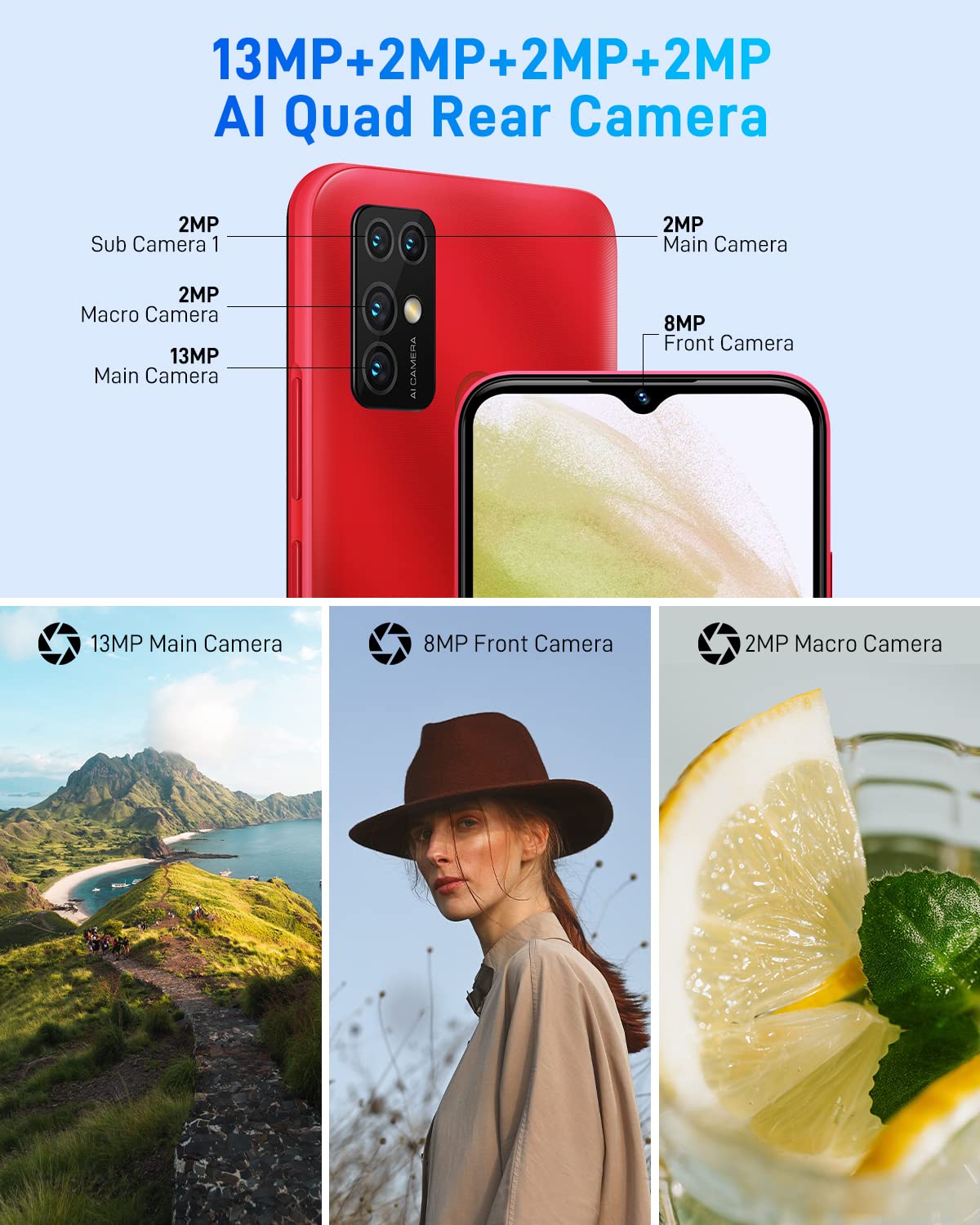 Android 11 Smartphone 4G, X96 Pro (2022) 6,52 cala HD+, 4 GB + 64 GB (SD 256 GB), telefon komórkowy, 5400 mAh, aparat Quad 13MP, Dual Nano SIM+ TF/Face ID/Fingerprint-czerwony