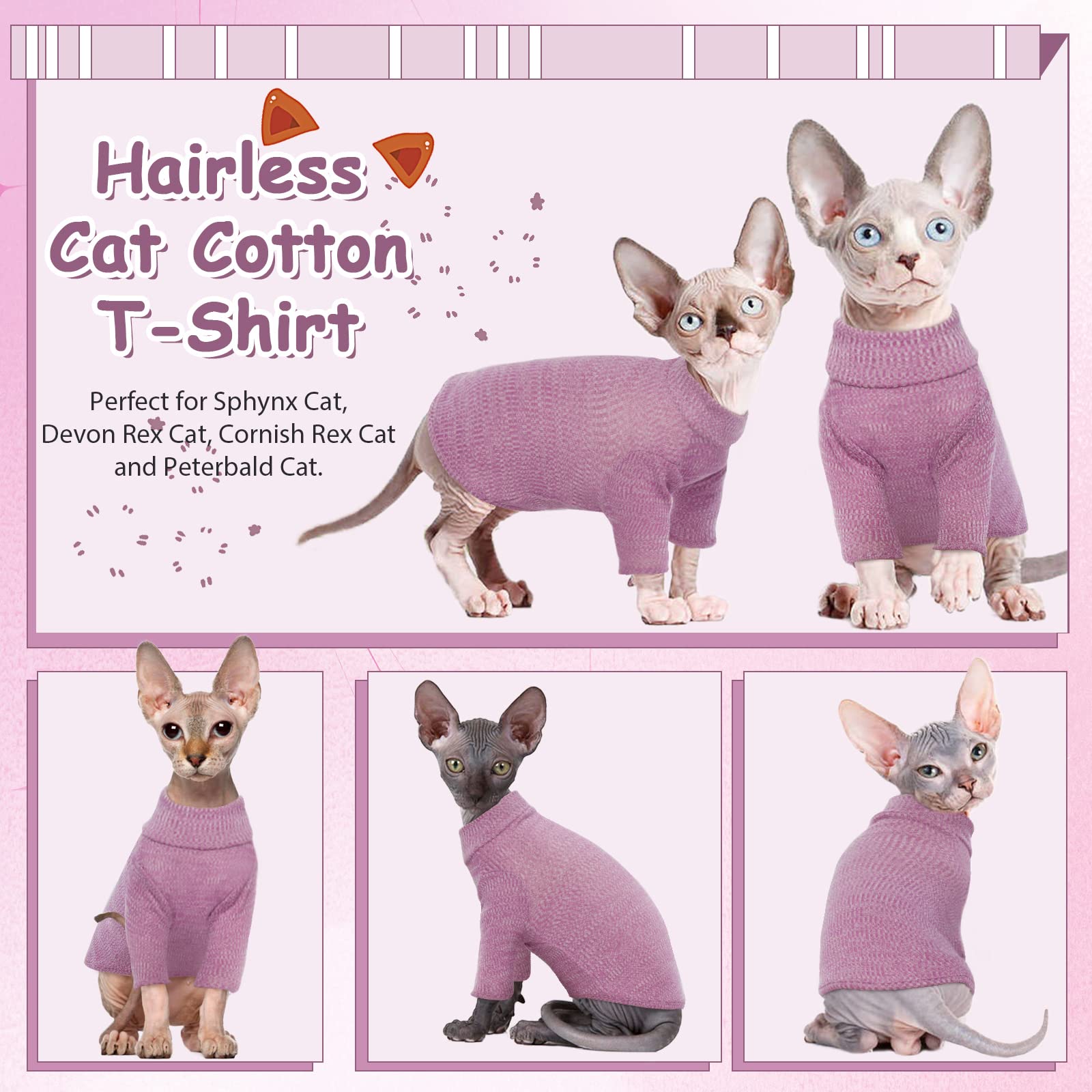 DENTRUN Sphynx Cat Clothes Hairless Cat Outfit Kitten Jumper Breathable Cat Onesie Turtleneck Sweater Adorable Cat Clothing Vest Pajamas Jumpsuit - Image 2