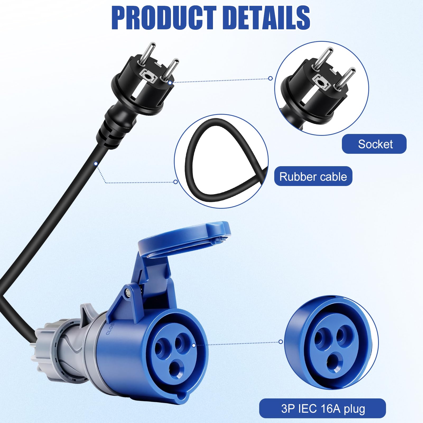 Adaptateur Prise Camping, Adaptateur Fiche Mâle Schuko vers Prise Femelle CEE Câble de 1,5m H07RN-F3G 2,5mm² Protection IP44, 250V 16A Adaptateur CEE pour Camping Car, Caravane, Chantier et Extérieur