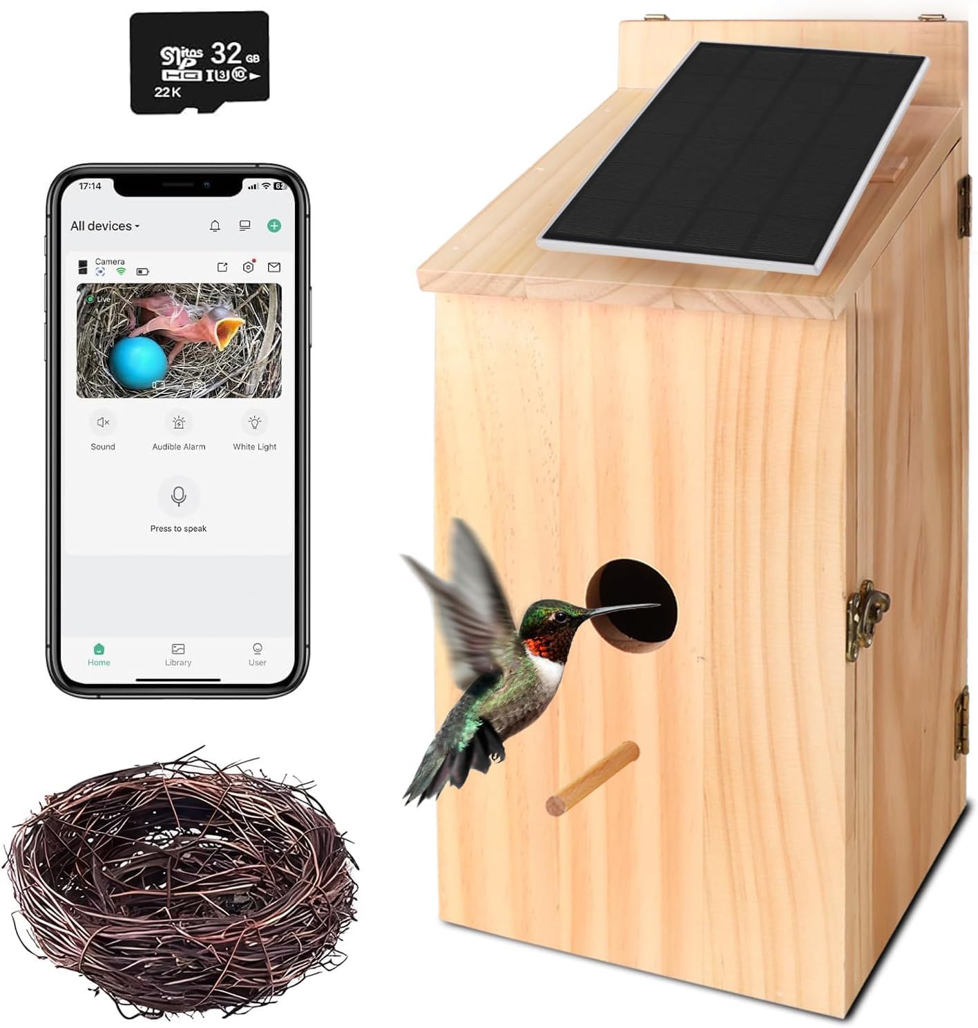 Cámara inteligente para pájaros alimentada por energía solar, 1080p HD inalámbrica, casas de pájaros para exteriores, captura automática de videos de pájaros, detección de movimiento y notificación