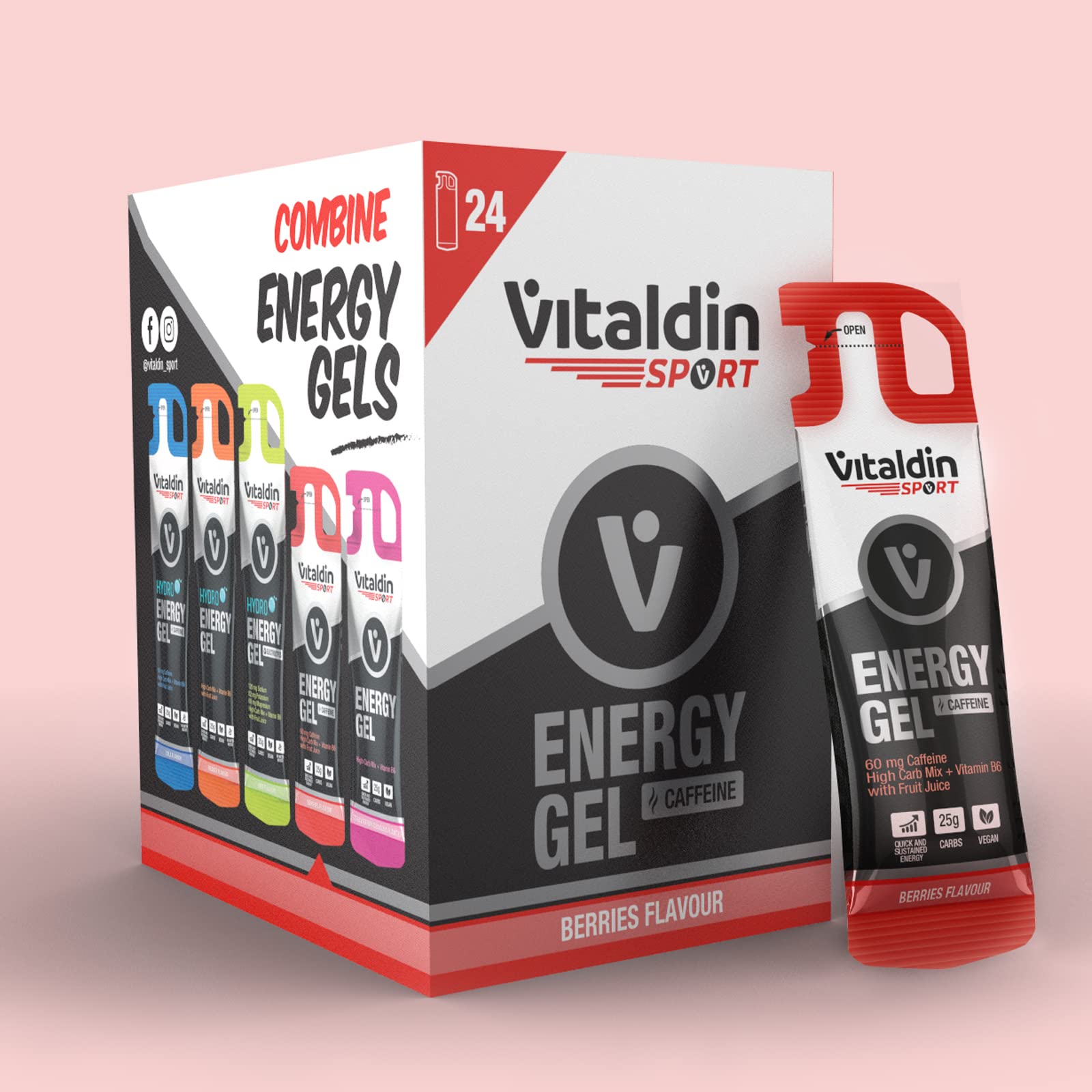 VITALDIN SPORT Energy Gel Caffeine – 24 Geles x 40 gr – Gel Energético sabor Frutos Rojos con 60 mg de Cafeína & Vitamina B6 – Energía rápida y sostenida en Running, Ciclismo & Deportes de Resistencia