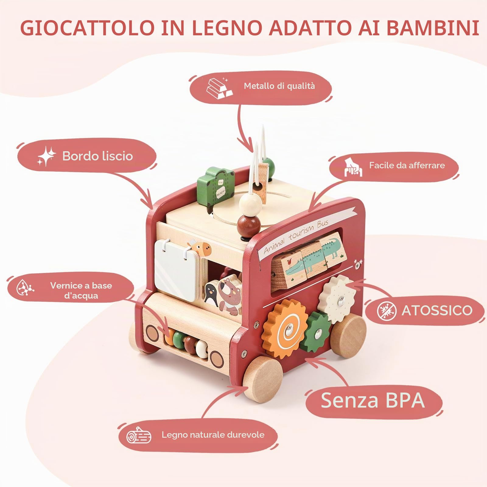 OESSUFGiocattolo Motore Montessori per Bambini a Partire da 1 Anno, 9 in 1 Bus per 12+ Mesi, Giocattolo in Legno da Attività per Bambini a Partire da 1 Regalo per Ragazze