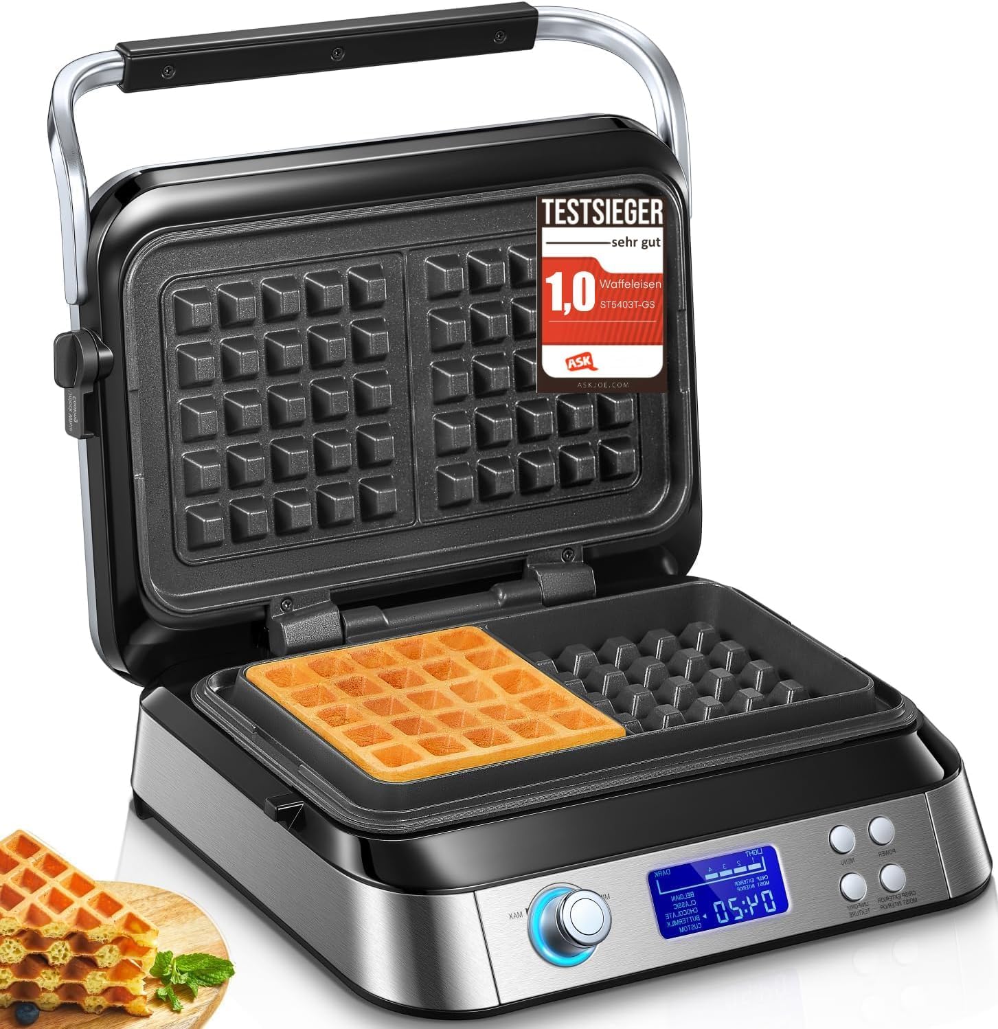 Gofrownica o mocy 1600 W, odpowiednia do przygotowywania gofrów belgijskich, 5 programów, 7 poziomów pieczenia, wyświetlacz LCD, timer, pojemnik przelewowy, bardzo głęboka płyta grzewcza.