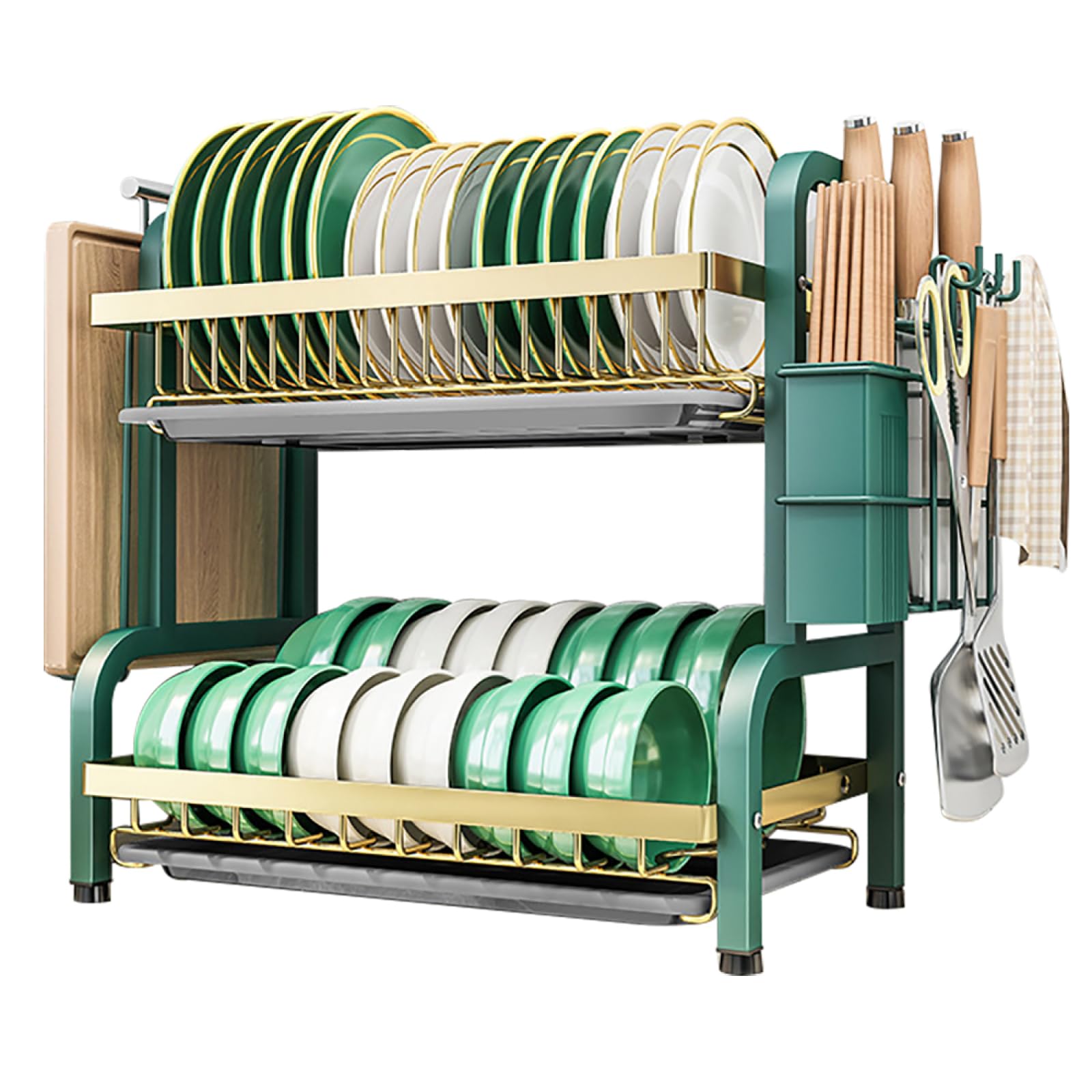 CAKERS Égouttoir À Vaisselle avec Bac De Vidange Amovible|Passoires À Vaisselle en Acier Au Carbone pour Comptoir De Cuisine|Support De Vaisselle,Vert-Or,2 Niveaux avec Ensemble