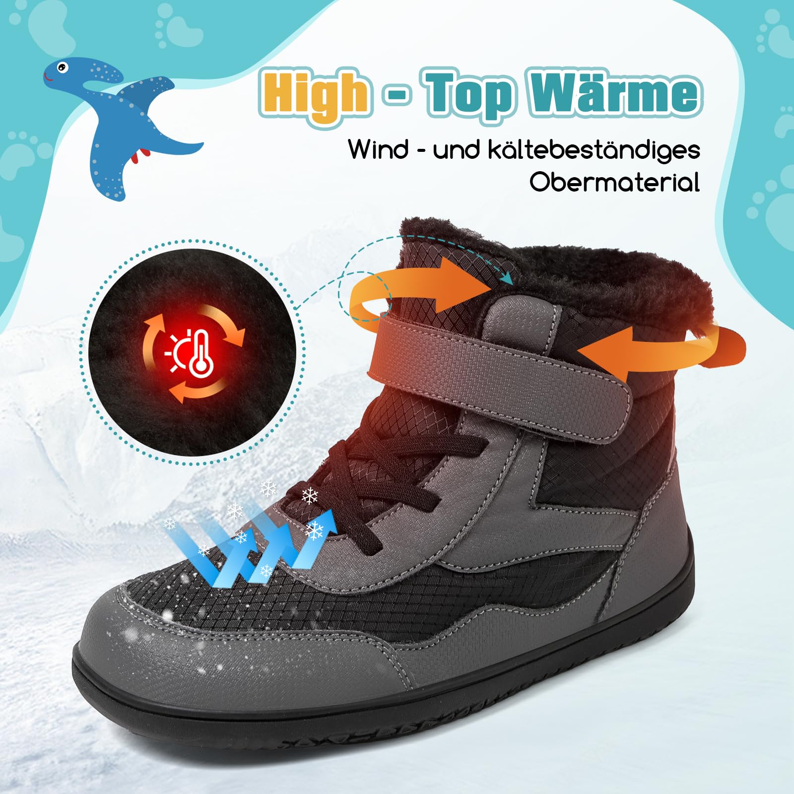Kinder Winter Barfußschuhe Warme Gefüttert Schneestiefel mit Klettverschluss Barfußschuhe Winter Kinder Schneestiefel Breiter Zehe Wanderschuhe Leicht Rutschfest Winterstiefel