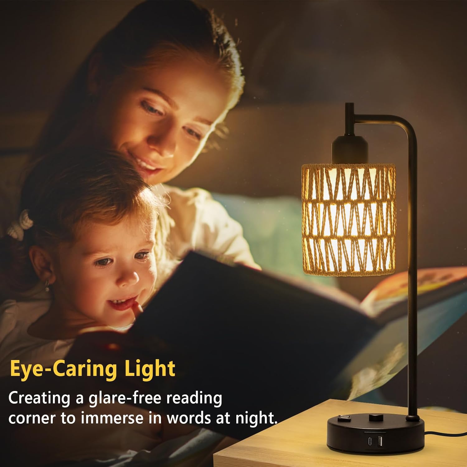 Touch Control Boho Table Lamps Set of 2, 3 Way Dimmable Desk Lamp with LED Bulbs, Rattan Bedside Lamp for Bedroom With Charging Ports and Outlet, Small Nightstand Lamp for Living Room Home Office