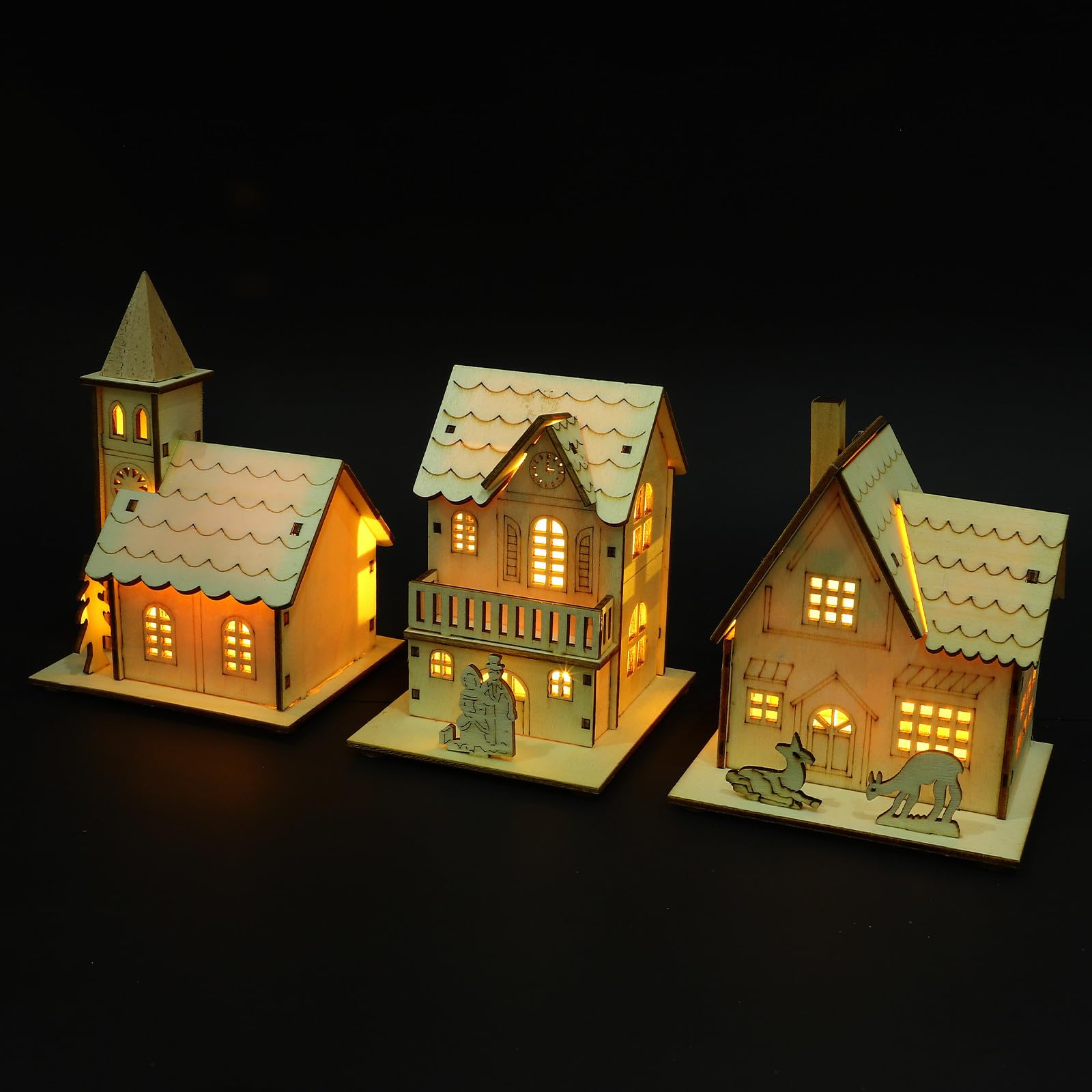 Artibetter 3 Piezas Adorno y Estructura Detallada de Madera Diseño Luminoso Navideño para Adorno de Escritorio y Fiestas de Navidad
