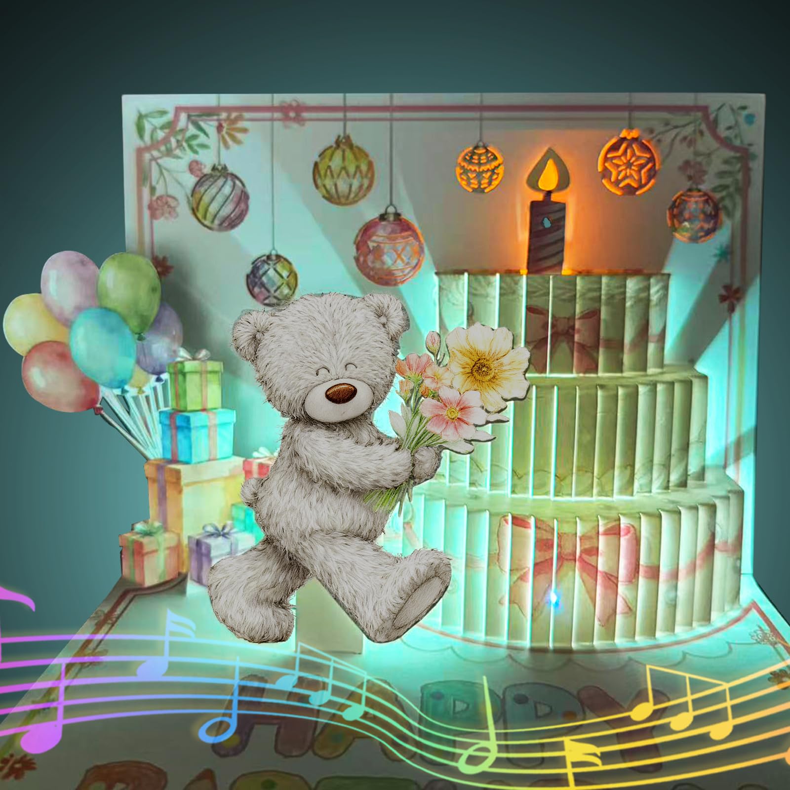 Daughter 3D Pop Up Birthday Cards, MUSIC & LIGHTS & BLOWABLE CANDLE Pop up Happy Birthday Card with Envelopes, Birthday Gifts for Mom Daughter Kids Children Teenager Women Sister Friends -Bear