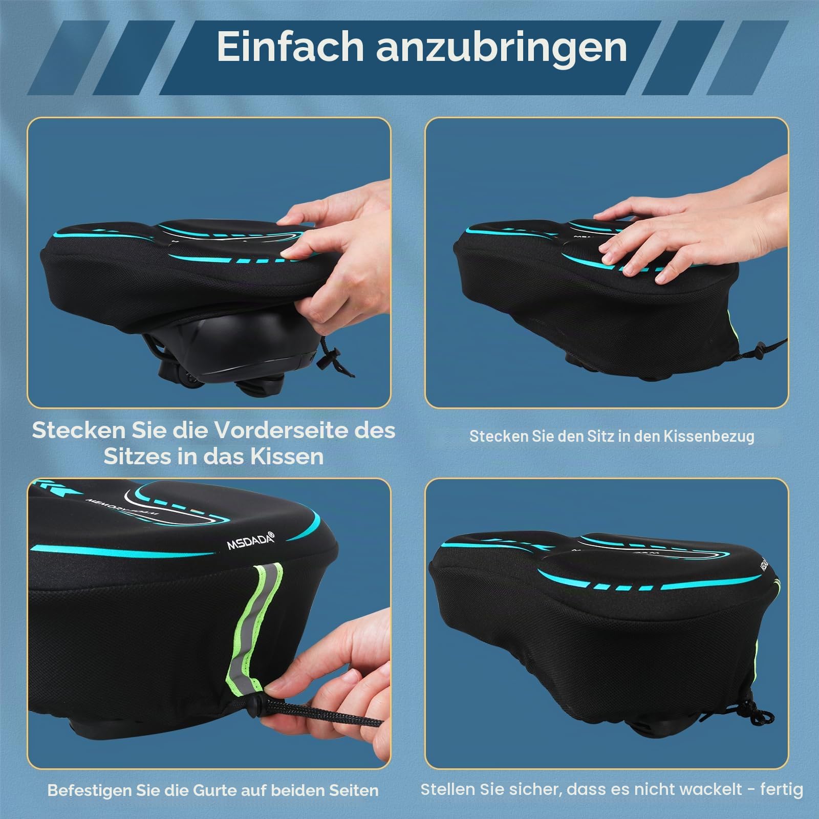 MSDADA Gel Gepolsterter Fahrradsattelbezug, Extra Weicher Schaum Breit Groß Sattelbezug für MTB, Heimtrainer Fahrrad, Peloton, Bequem Sattelpolster für Damen Herren Senioren (Schwarz/Turquoise) | Gel-Polsterung; Anti-Rutsch-Design; Atmungsaktives Lycra; U