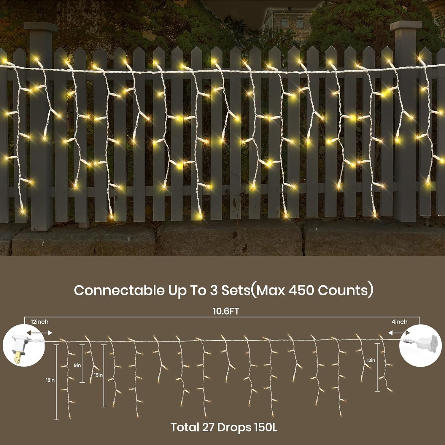 Icicle Lights for Outside 150 10ft 27 Drops Icicle Christmas Lights Outdoor Warm White Incandescent String Lights Indoor and Outdoor UL Listed for Patio Garden Wedding Bedroom (Mini Bulb)