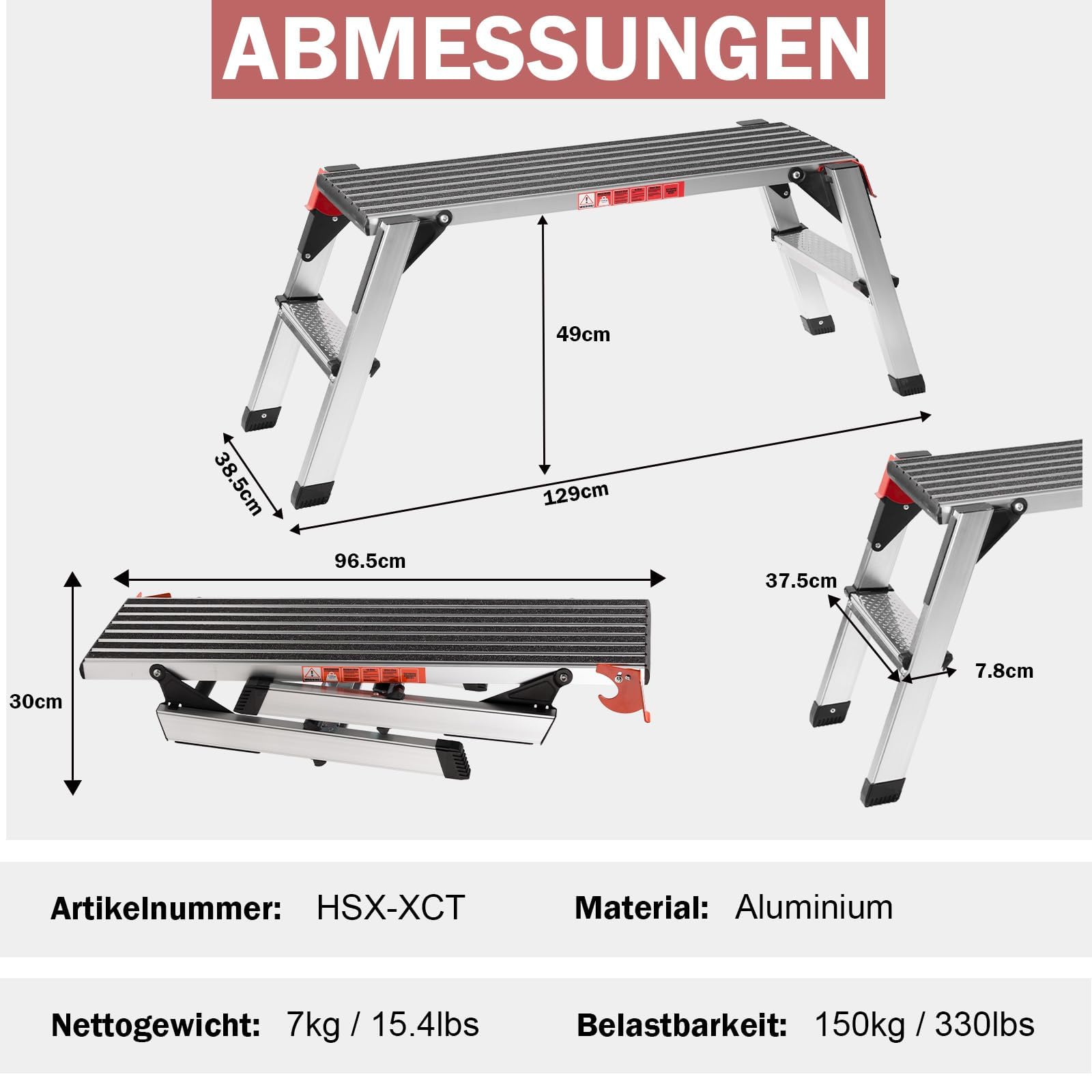 XinSunho Piattaforma di lavoro in alluminio, Scaletta pieghevole, fino a 150 kg, Scala alluminio portatile, con serrature di sicurezza, gradini ampli, Scaletta antiscivolo per casa e officina