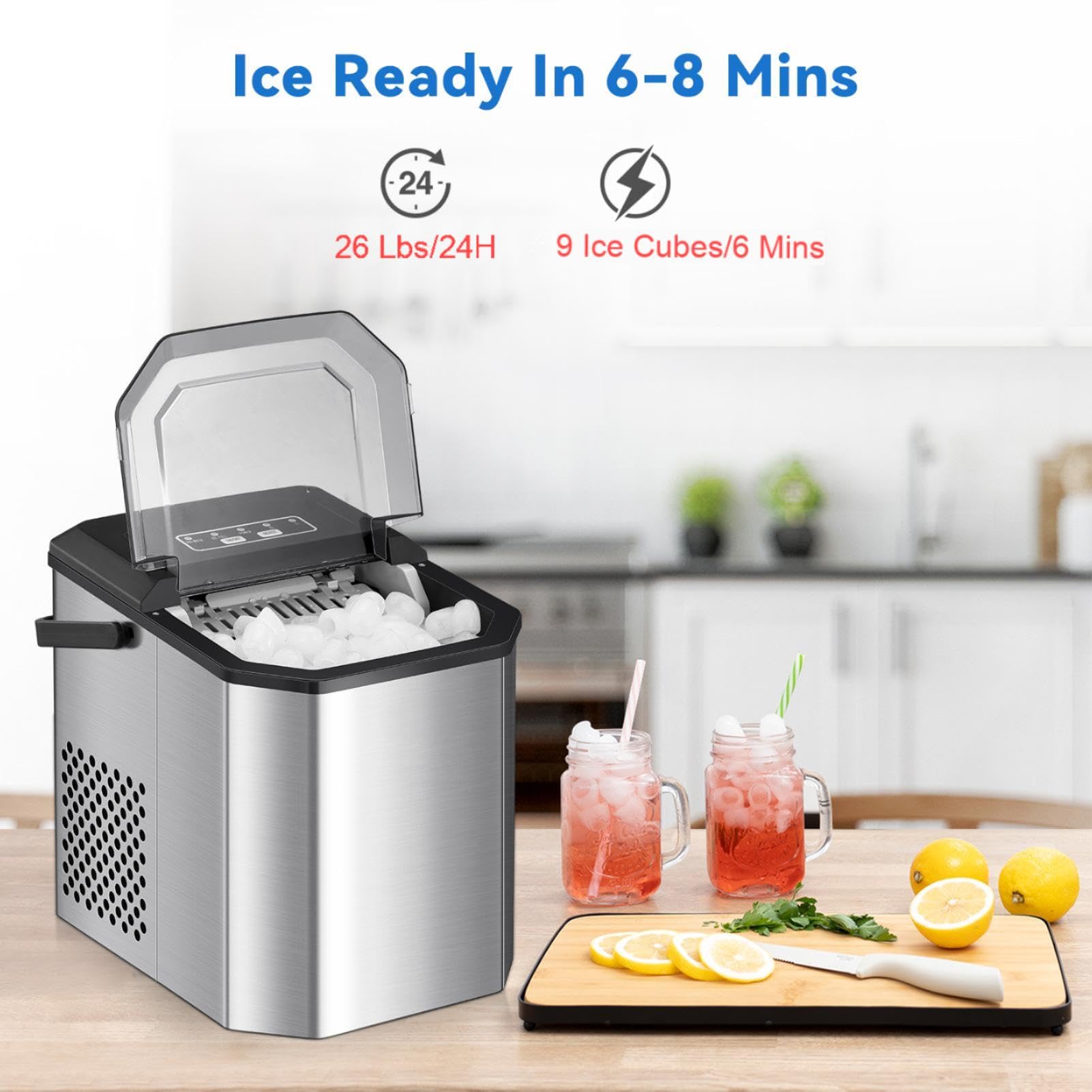 Countertop Ice Maker 26lbs/24hours Portable Small Ice Machine Stainless Steel Bullet Ice Machine With Scoop, Low Noise, Compact, Self-Cleaning Mini Ice Maker For Kitchen Office Camping Party on Fridge.com - View 3