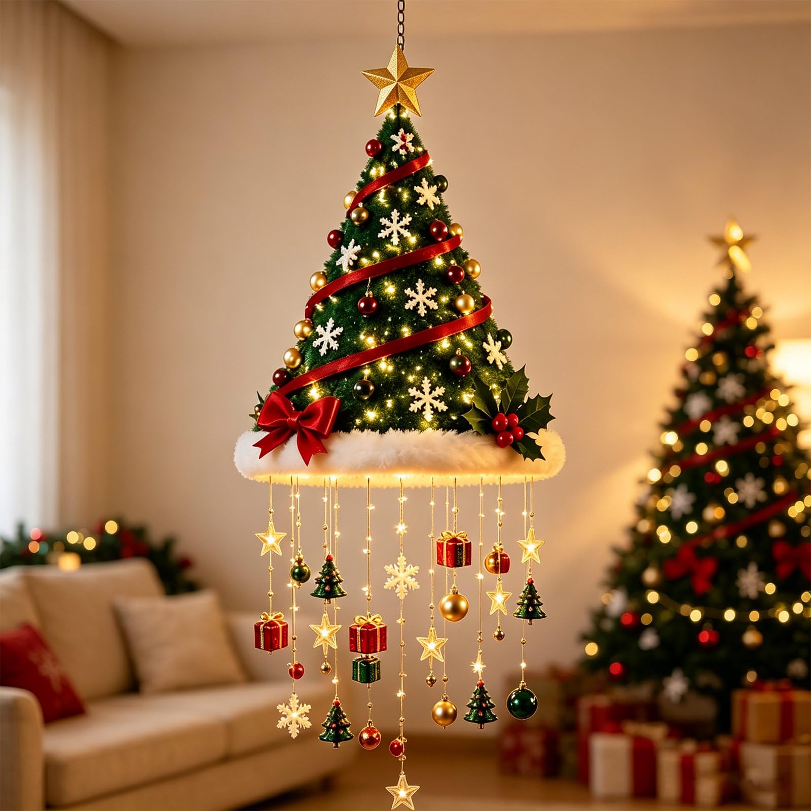 Lighted Hanging Christmas Tree Chandelier with Ornaments
